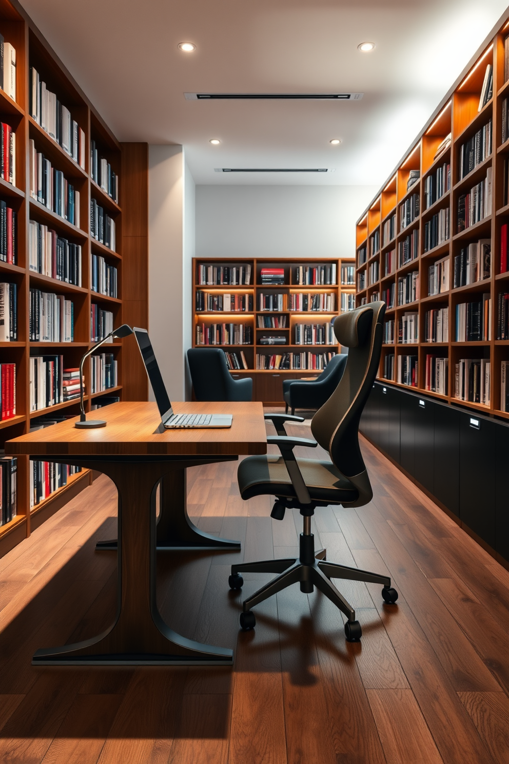 A stylish desk with ergonomic seating is placed in a spacious home library. The desk features a sleek design with a rich wood finish, complemented by a high-backed chair that offers both comfort and support. The library is lined with floor-to-ceiling bookshelves filled with a diverse collection of books. Soft ambient lighting illuminates the space, creating a warm and inviting atmosphere perfect for reading or studying.