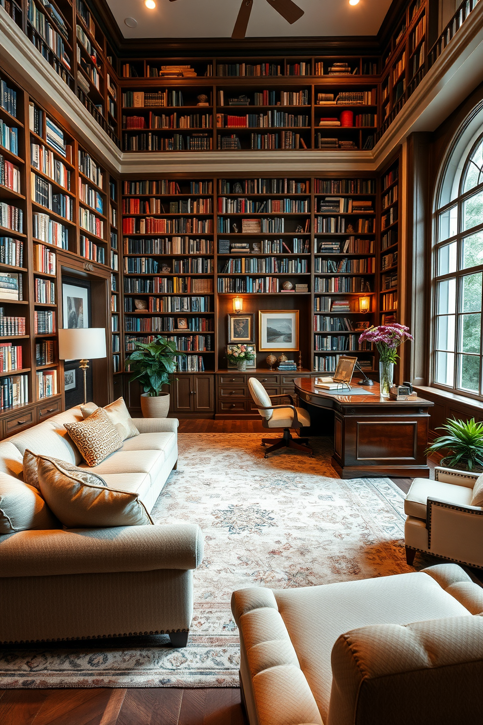 A luxury home library featuring floor-to-ceiling bookshelves filled with an extensive collection of books. The room is adorned with plush seating in neutral tones and a large area rug that adds warmth to the space. Soft lighting fixtures create a cozy ambiance, highlighting a grand wooden desk positioned near a large window. A few decorative accents, such as framed artwork and potted plants, enhance the inviting atmosphere.