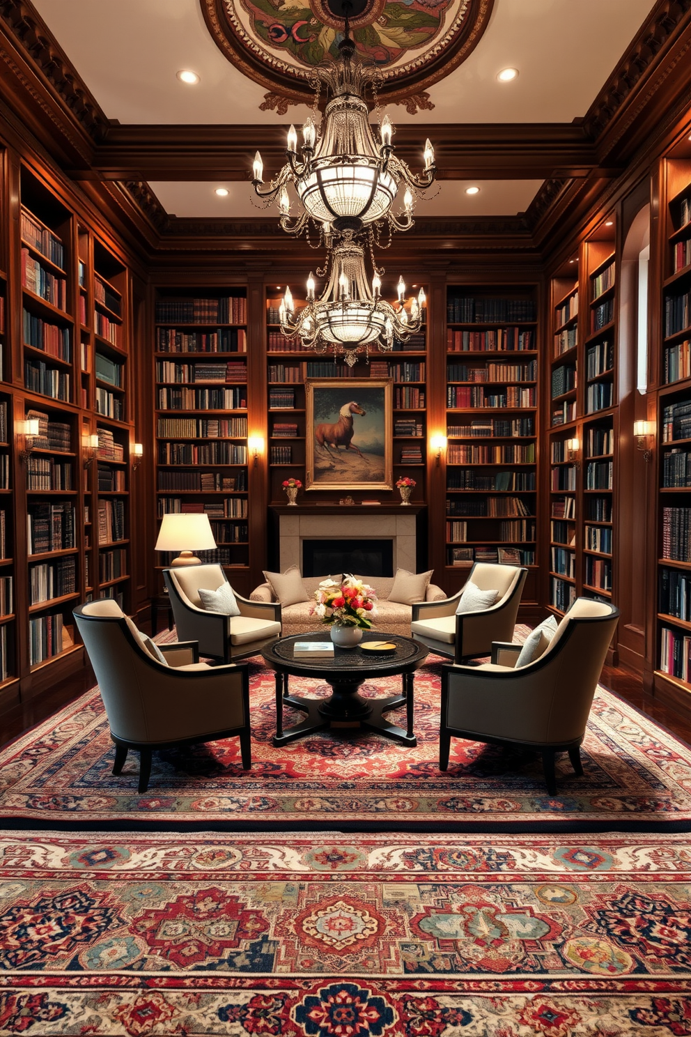 A luxurious home library featuring layered rugs that create a cozy and inviting atmosphere. The space is adorned with rich wooden bookshelves filled with an extensive collection of books, complemented by plush seating arrangements for reading and relaxation. Soft, ambient lighting enhances the warmth of the room, highlighting the textures of the rugs beneath a grand, ornate chandelier. A stylish coffee table sits in the center, surrounded by comfortable armchairs, inviting guests to unwind and enjoy the literary ambiance.