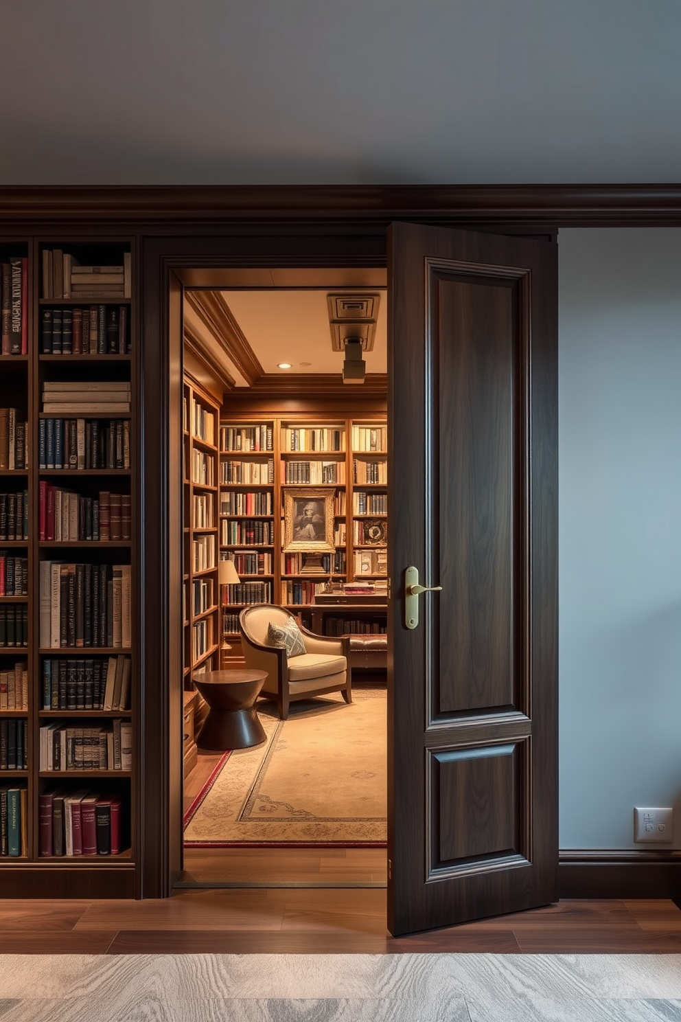 A hidden door seamlessly blends into the wall, revealing an enchanting secret library filled with floor-to-ceiling bookshelves. The space is adorned with plush seating, rich wooden accents, and warm ambient lighting that creates an inviting atmosphere for reading and relaxation.