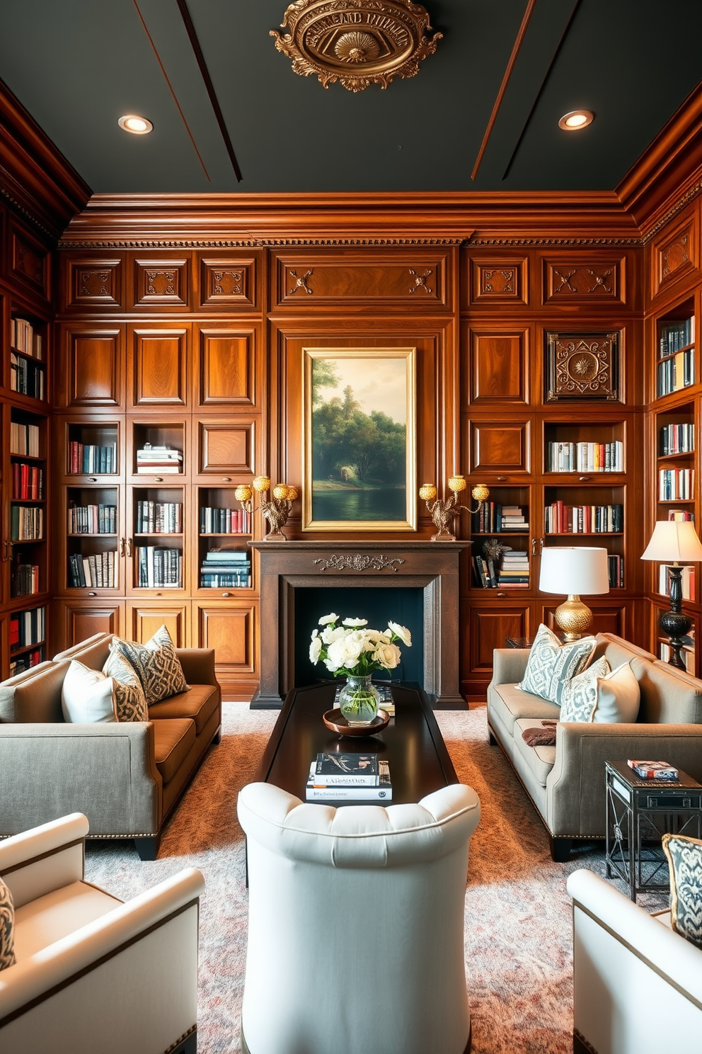 A luxurious home library featuring decorative wall paneling that adds elegance to the space. The walls are adorned with rich wood paneling, creating a warm and inviting atmosphere. Plush, comfortable seating is arranged around a central coffee table, providing a perfect reading nook. Floor-to-ceiling bookshelves filled with books line the walls, complemented by tasteful artwork and decorative accents.