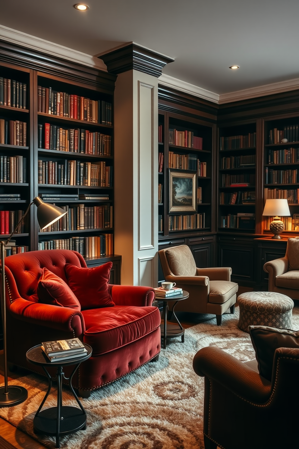 A cozy reading corner featuring an oversized armchair with plush cushions in rich velvet fabric. A small side table holds a stack of books and a steaming cup of tea, while a floor lamp casts a warm glow over the space. An elegant home library designed with dark wood bookshelves filled with an array of books. A plush area rug anchors the seating area, which includes a comfortable sofa and additional armchairs for an inviting atmosphere.