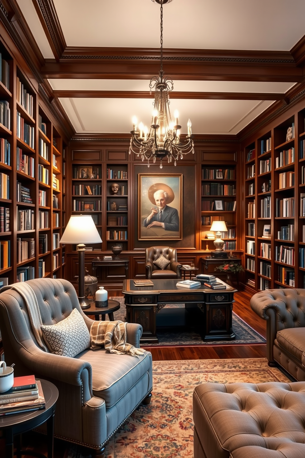 Cozy reading nook with oversized armchair. The nook features a plush armchair upholstered in soft fabric, surrounded by floor-to-ceiling bookshelves filled with an array of books. A warm throw blanket is draped over the armchair, and a small side table holds a steaming cup of tea. Soft ambient lighting from a nearby lamp creates an inviting atmosphere perfect for relaxation. Luxury home library design ideas. The library showcases rich wooden paneling and elegant crown molding, with a grand chandelier illuminating the space. A large, polished mahogany desk sits in the center, complemented by a classic leather chair. A cozy seating area with tufted sofas and a large area rug invites conversation and reading.