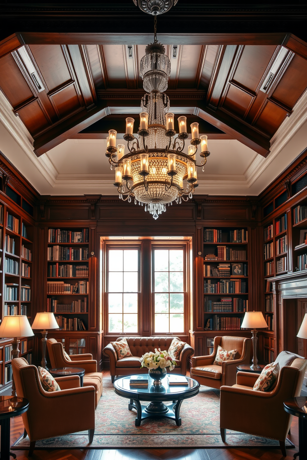 A statement chandelier hangs elegantly from the ceiling, casting a warm glow over the room. The library features rich wooden bookshelves filled with an extensive collection of books, creating an inviting atmosphere. Plush armchairs are arranged around a stylish coffee table, offering a cozy reading nook. Large windows allow natural light to flood in, highlighting the luxurious decor and intricate details of the space.