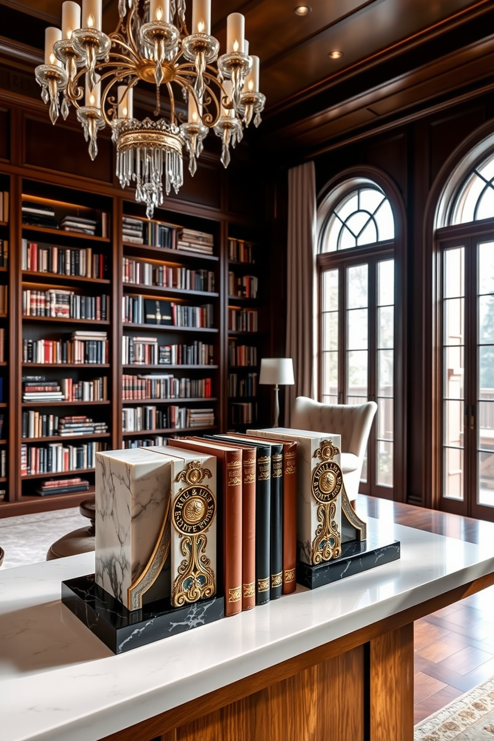 Personalized bookends made from polished marble and adorned with intricate gold accents sit on a sleek wooden shelf. The backdrop features floor-to-ceiling bookshelves filled with an eclectic mix of books, complemented by a cozy reading nook with a plush armchair. A luxury home library designed with rich mahogany paneling and soft ambient lighting creates an inviting atmosphere. Large windows allow natural light to flood the space, highlighting a stunning chandelier that adds a touch of elegance.