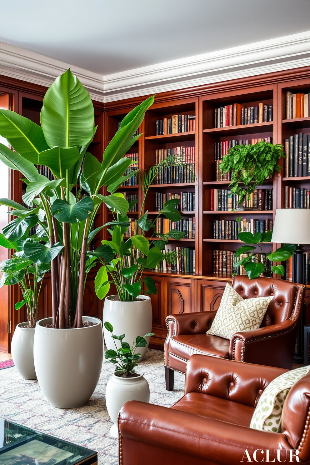 Lush indoor plants create a vibrant and refreshing atmosphere in the home. Tall fiddle leaf figs and cascading pothos are strategically placed in elegant ceramic pots throughout the space. Luxury home library design ideas emphasize comfort and sophistication. Rich wooden bookshelves line the walls, while plush leather armchairs invite relaxation and reading enjoyment.