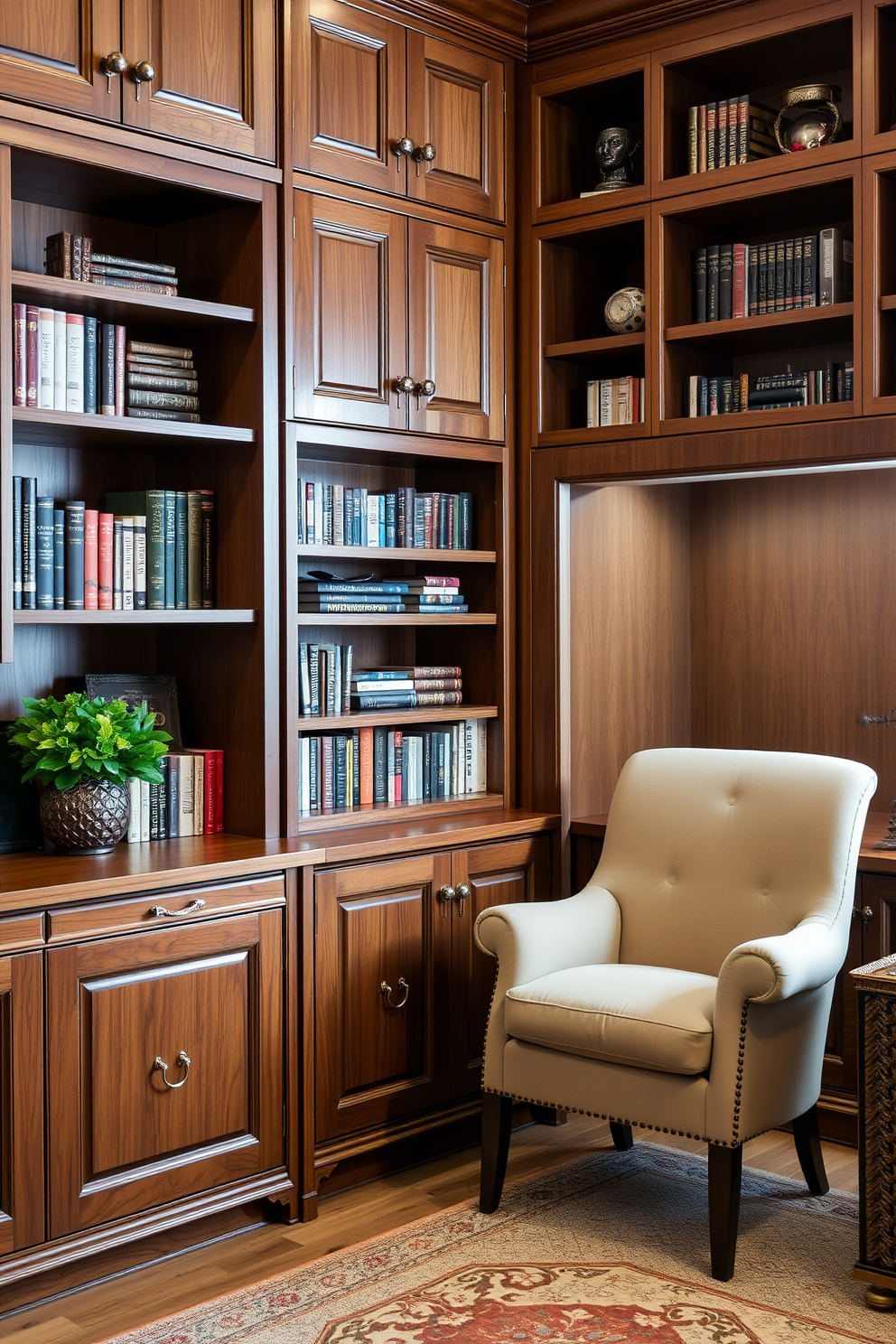 Custom cabinetry with unique hardware creates an inviting and functional space for a luxury home library. Rich wooden shelves are elegantly arranged to display books and decorative items, while a plush reading nook with a comfortable armchair invites relaxation.