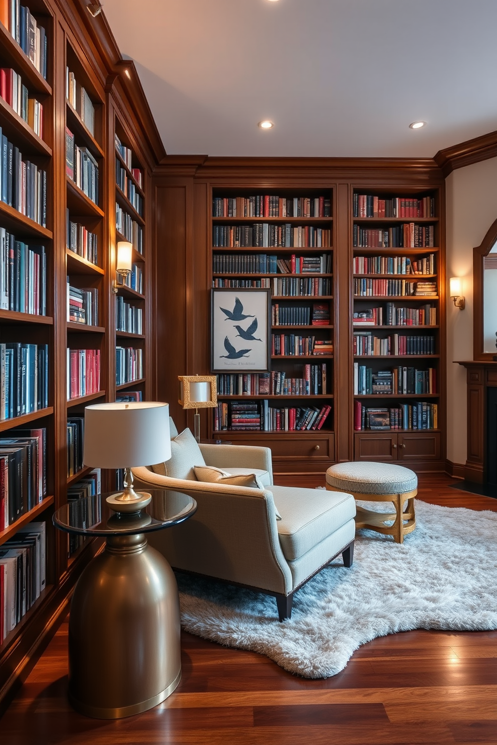 A luxury home library with soft ambient lighting creates an inviting atmosphere for cozy evenings. Rich wooden bookshelves line the walls, filled with an array of books, while a plush area rug adds warmth to the hardwood floor. A large, comfortable armchair sits in the corner, accompanied by a sleek side table for drinks or reading materials. Elegant sconces provide a gentle glow, enhancing the tranquil ambiance perfect for unwinding with a good book.