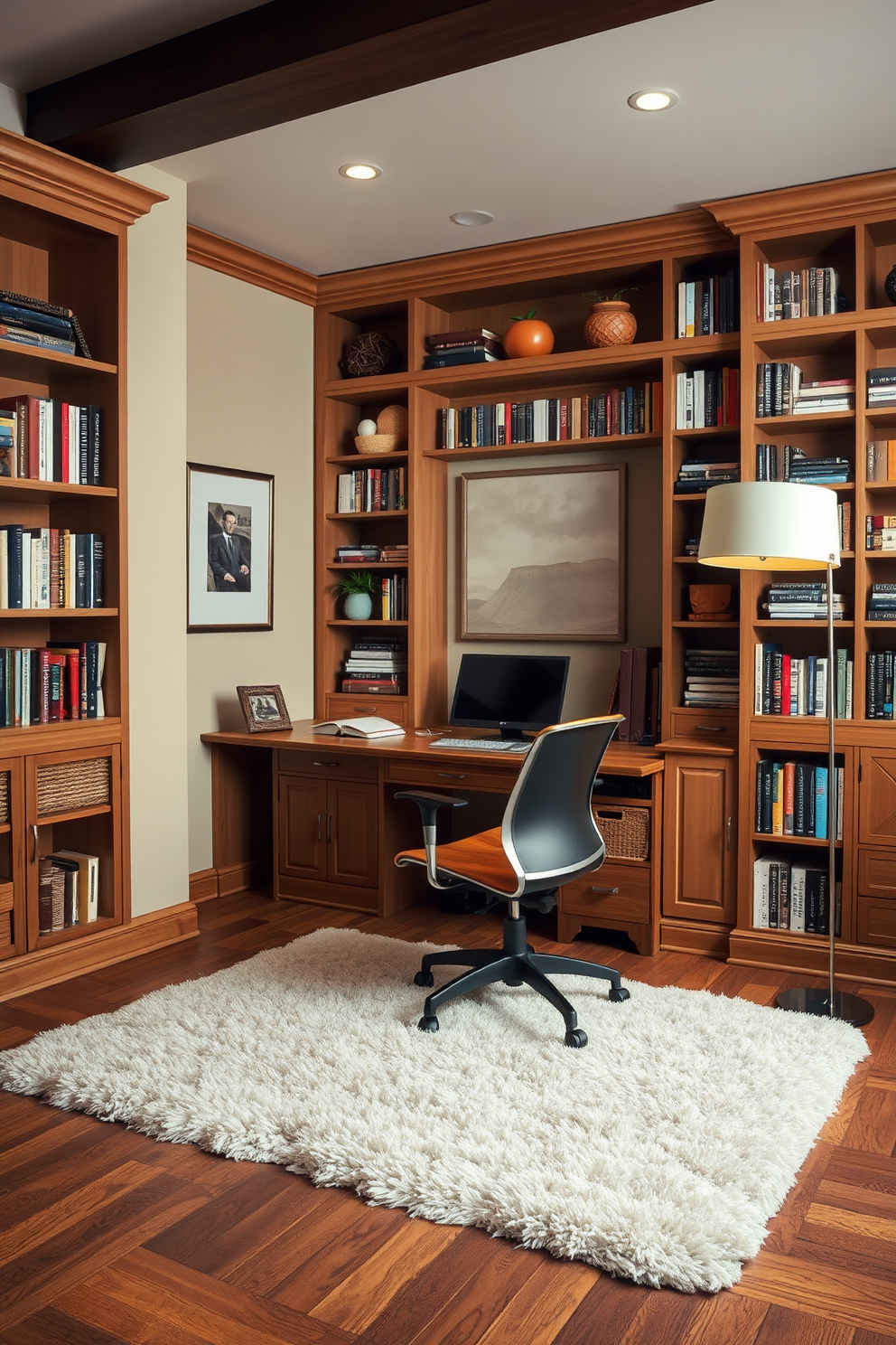 A multi-functional space that seamlessly integrates a cozy study area. The room features a large wooden desk with an ergonomic chair, surrounded by built-in bookshelves filled with books and decorative items. The walls are painted in a soft beige, creating a warm and inviting atmosphere. A plush area rug lies beneath the desk, and a stylish floor lamp provides ample lighting for reading and working.