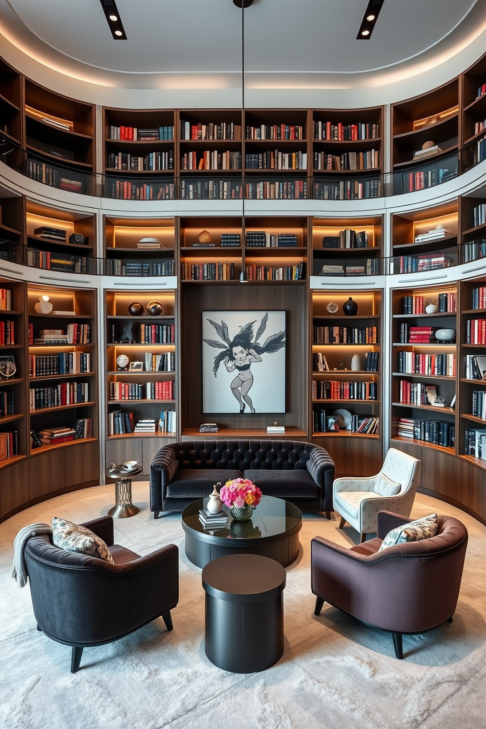 A modern luxury home library features curved bookshelves that elegantly wrap around the room, creating a seamless flow. The shelves are filled with a curated selection of books and decorative objects, enhancing the sophisticated ambiance. The library is adorned with plush seating options, including a deep velvet sofa and stylish accent chairs. Soft lighting from sleek fixtures highlights the rich textures and colors of the space, inviting relaxation and contemplation.