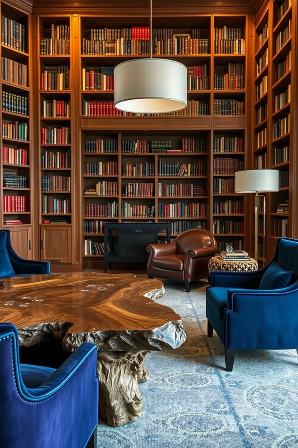 Artisan crafted coffee table made from reclaimed wood with intricate carvings showcasing its unique texture. Surrounding the table are plush velvet chairs in deep jewel tones that enhance the richness of the space. Luxury home library designed with floor-to-ceiling bookshelves filled with a curated collection of books. A cozy reading nook features a large leather armchair and a stylish floor lamp, creating an inviting atmosphere for relaxation.