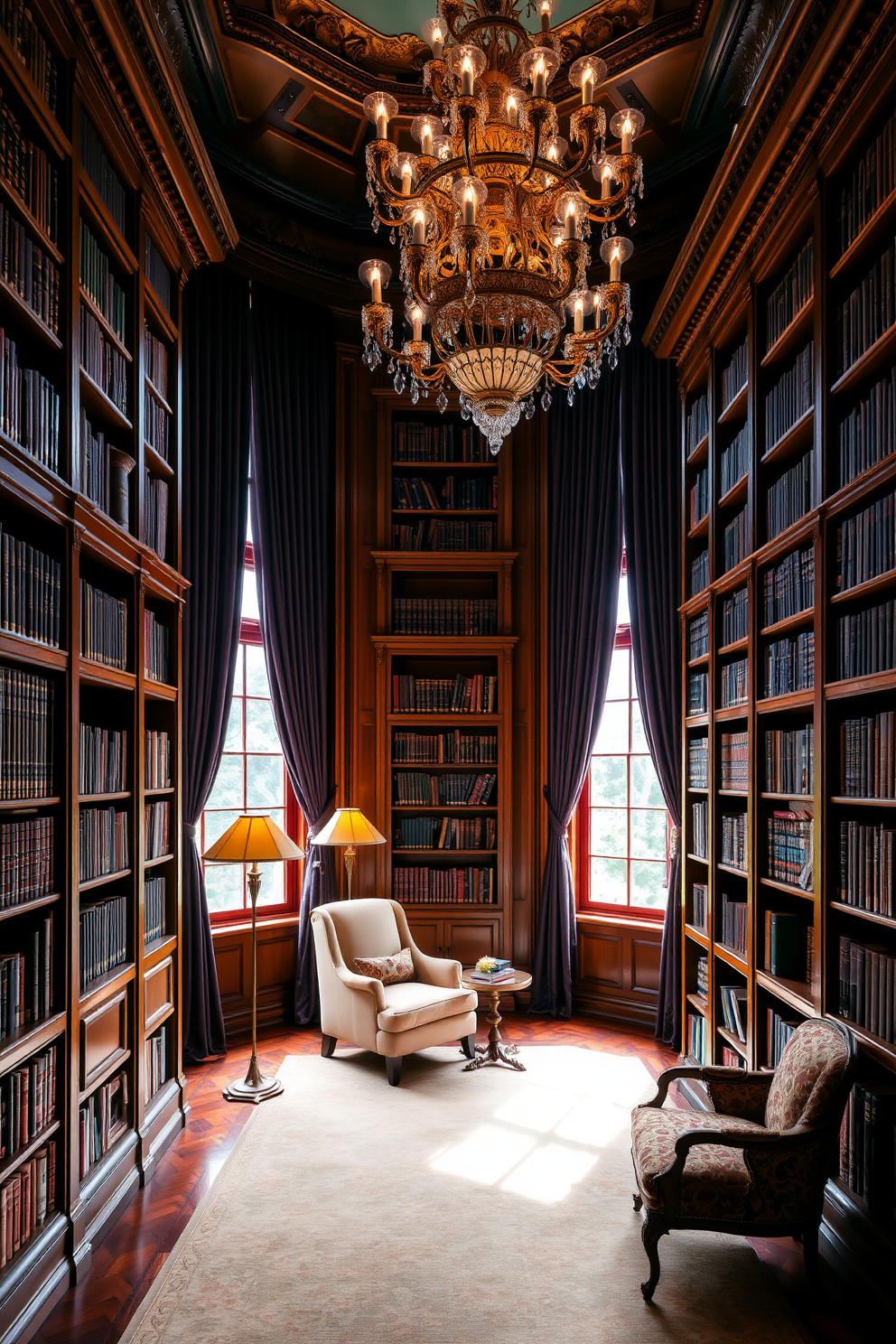 A luxurious home library with rich wooden bookshelves that reach from floor to ceiling. The room features a cozy reading nook with a plush armchair and a small side table, illuminated by a vintage floor lamp. Large windows allow natural light to flood the space, framed by elegant drapes in deep jewel tones. A grand chandelier hangs from the ceiling, adding a touch of sophistication to the overall ambiance.