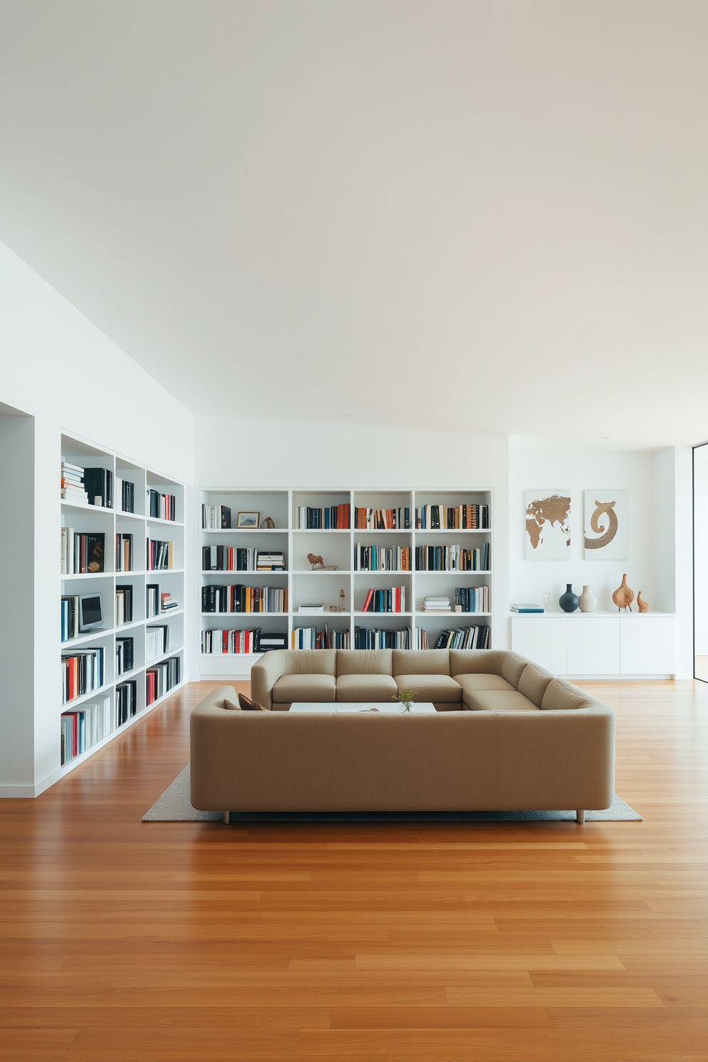 A modern minimalist home library with sleek lines and an open layout. The walls are painted in a soft white, and the flooring is a warm wood, enhancing the bright and airy feel of the space. A large, built-in bookshelf spans one wall, filled with a curated selection of books and decorative objects. A low-profile, comfortable sofa in a neutral tone faces a minimalist coffee table, creating an inviting reading nook.