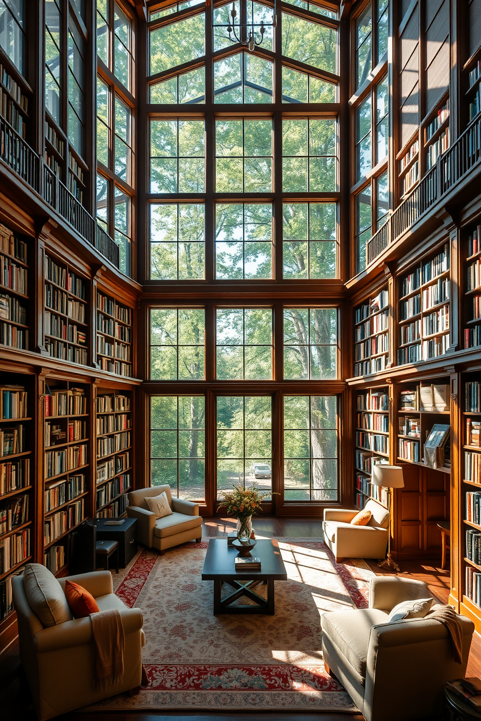 A luxurious home library featuring floor-to-ceiling windows that allow abundant natural light to flood the space. The room is adorned with rich wooden bookshelves filled with an extensive collection of books, complemented by plush seating areas for reading.