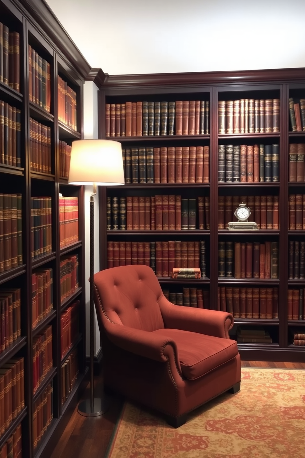 A luxurious home library featuring classic leather-bound books with gold accents. The shelves are dark wood, elegantly arranged with books and decorative objects, creating a warm and inviting atmosphere. A plush reading chair upholstered in rich fabric sits in the corner, accompanied by a small side table. Soft, ambient lighting from a stylish floor lamp illuminates the space, enhancing the sophisticated design.