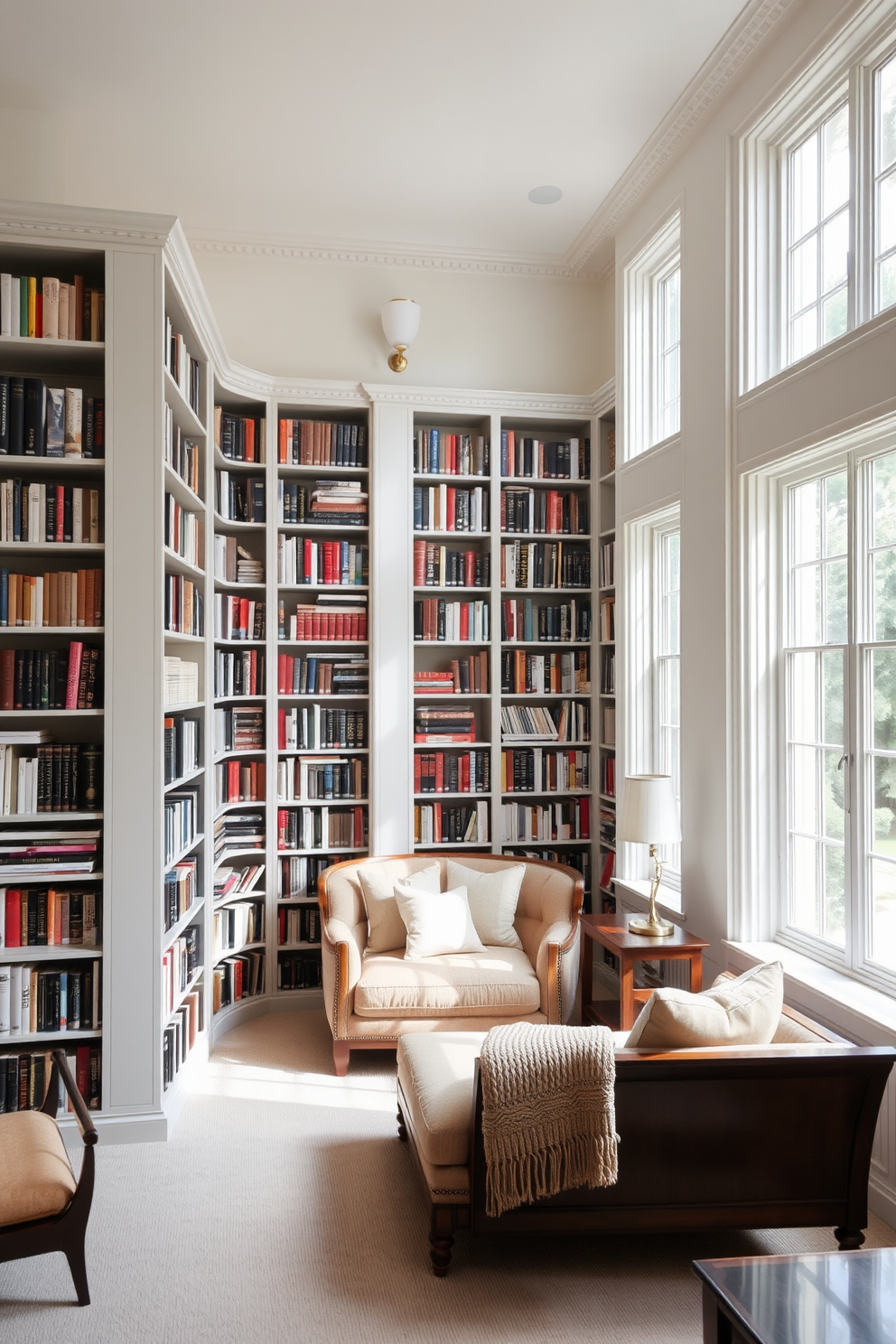 Bright airy space with large windows. The library features floor-to-ceiling bookshelves filled with an extensive collection of books. A plush reading nook is positioned near the windows, adorned with soft cushions and a cozy throw blanket. Elegant wooden furniture complements the serene color palette, creating a perfect environment for relaxation and reading.