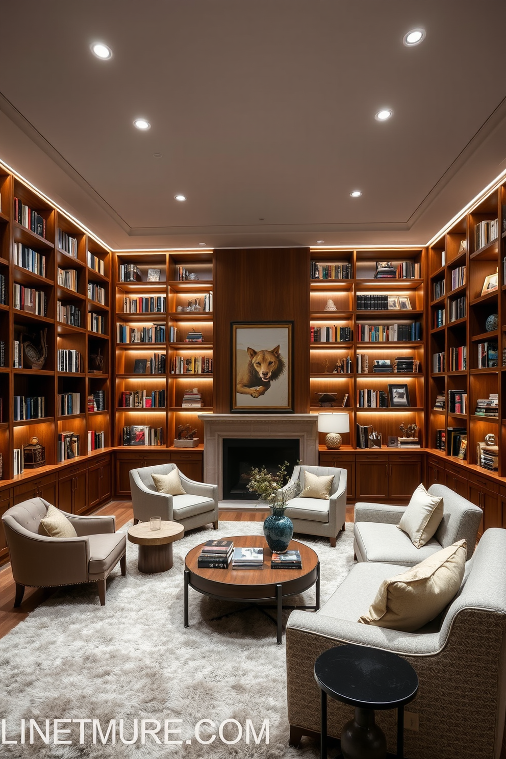 A luxurious home library featuring built-in bookshelves that stretch from floor to ceiling. Integrated lighting highlights the rich wood tones of the shelves and creates a warm, inviting atmosphere. Plush seating is arranged for comfort, with a large, soft area rug anchoring the space. Elegant decor items and a curated selection of books add personality and sophistication to the room.