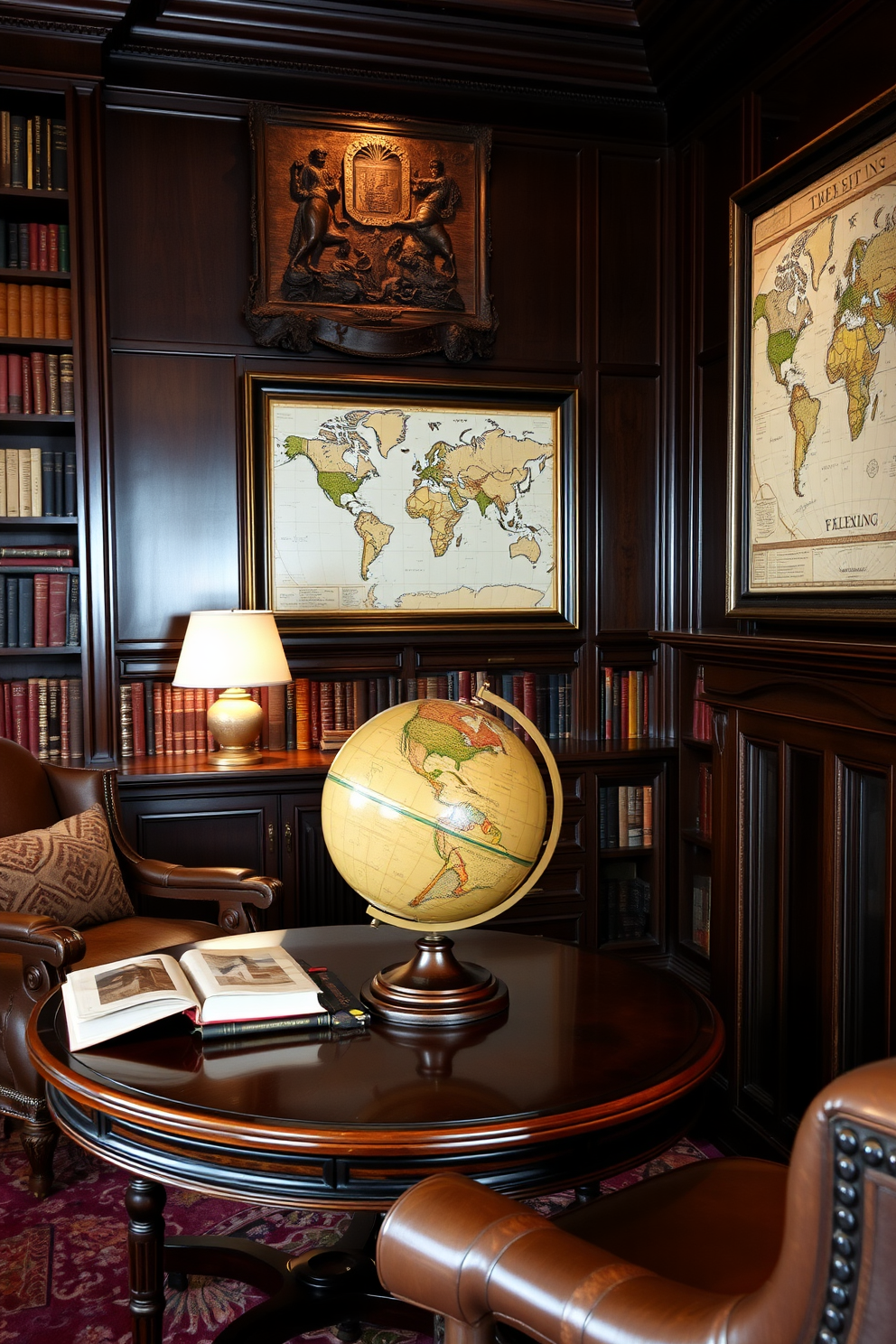 A vintage globe sits on a polished mahogany table, surrounded by leather-bound books and antique map decor. The walls are lined with dark wood bookshelves filled with an eclectic collection of literature, while a plush armchair invites you to sit and explore. Soft, warm lighting highlights the intricate details of the room, creating an inviting atmosphere for reading. A large world map is framed and hung prominently, adding character and a sense of adventure to the luxurious library space.