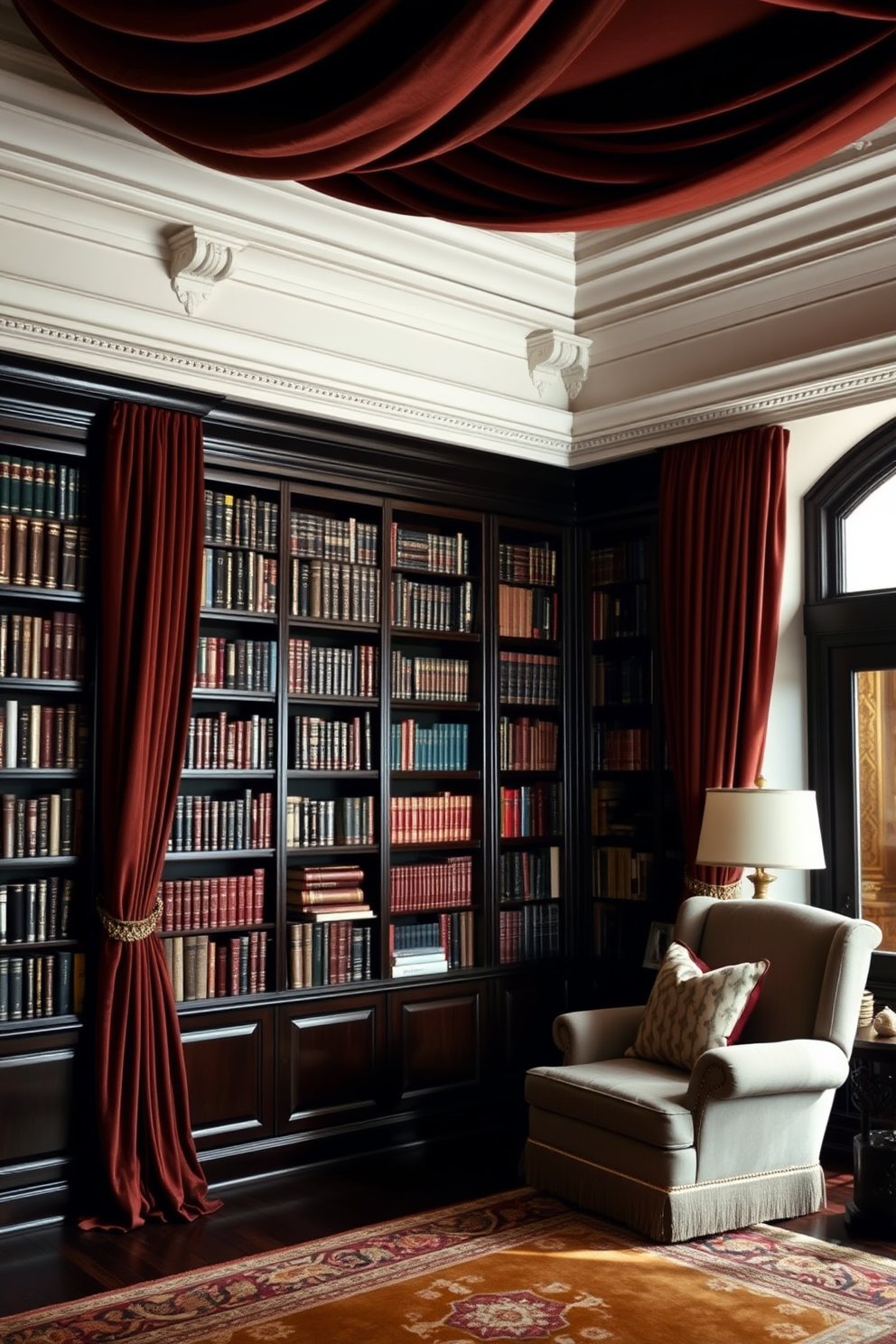 A luxurious home library adorned with rich velvet curtains that drape elegantly from the ceiling to the floor. The space features dark wooden bookshelves filled with an extensive collection of books, complemented by a plush reading chair and a warm, inviting area rug.