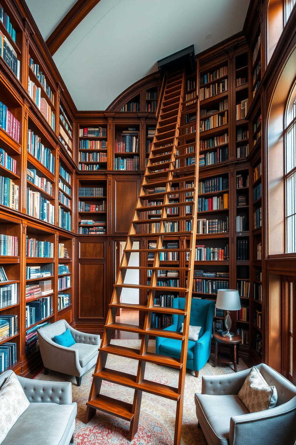 A stunning luxury home library featuring an artistic ladder that provides access to towering bookshelves. The room is adorned with rich wooden shelves filled with an array of books, while plush seating areas invite relaxation and reading.