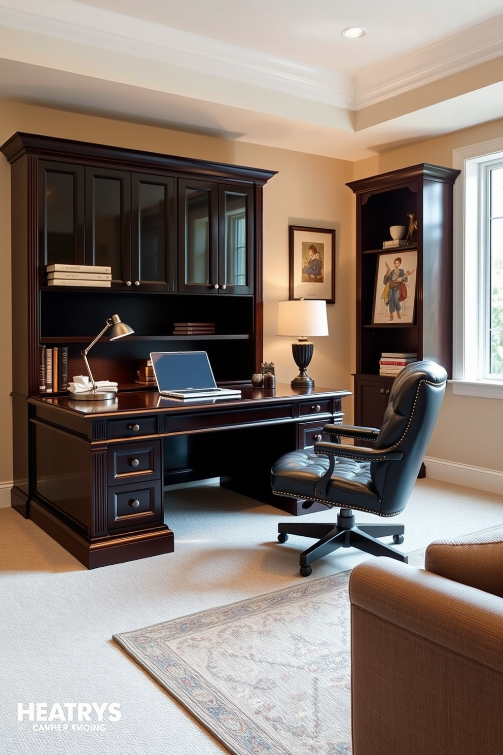 An elegant dark wood executive desk is positioned in the center of the room, complemented by a plush leather office chair. The desk is adorned with a sleek laptop, a stylish desk lamp, and a few decorative items that reflect sophistication. The walls are painted in a soft cream color, enhancing the warmth of the dark wood. A large window allows natural light to flood the space, while a tasteful area rug anchors the seating area.