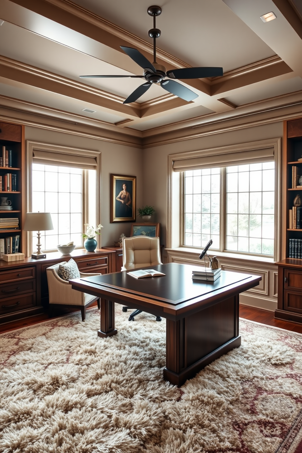 A luxurious home office features a large wooden desk with a sleek finish and an ergonomic chair upholstered in soft leather. Plush area rugs in rich textures cover the floor, providing comfort and warmth underfoot while complementing the elegant decor. The walls are adorned with tasteful artwork and built-in shelves filled with books and decorative items. Natural light floods the space through large windows, enhancing the inviting atmosphere and creating an inspiring work environment.