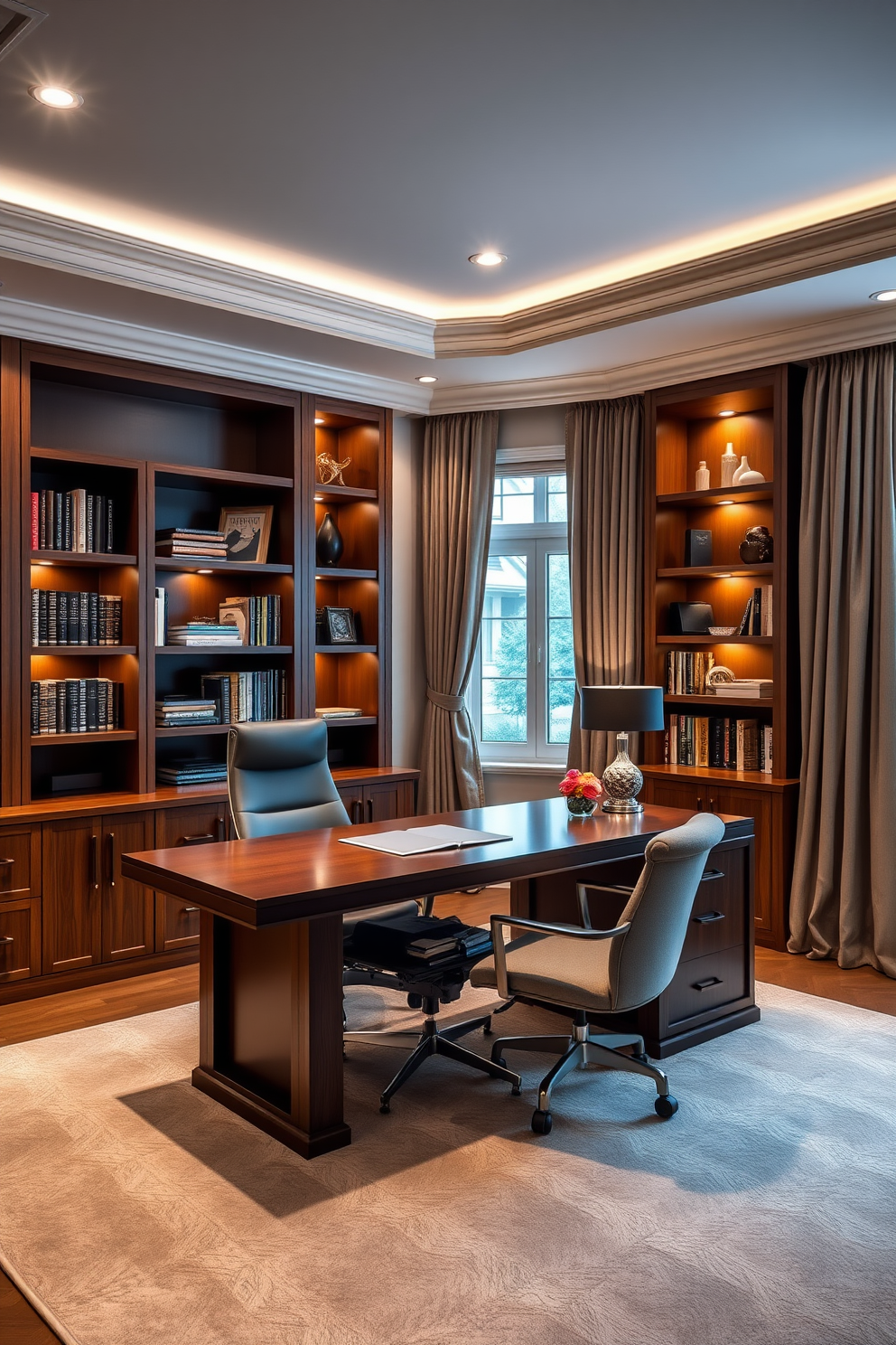 A luxury home office featuring smart lighting with dimmable features creates an inviting and flexible workspace. The room is adorned with a sleek wooden desk, a plush ergonomic chair, and built-in shelves filled with books and decorative items. Soft, adjustable lighting highlights the workspace while providing a warm ambiance throughout the room. Large windows allow natural light to flood in, complemented by elegant curtains that add a touch of sophistication.