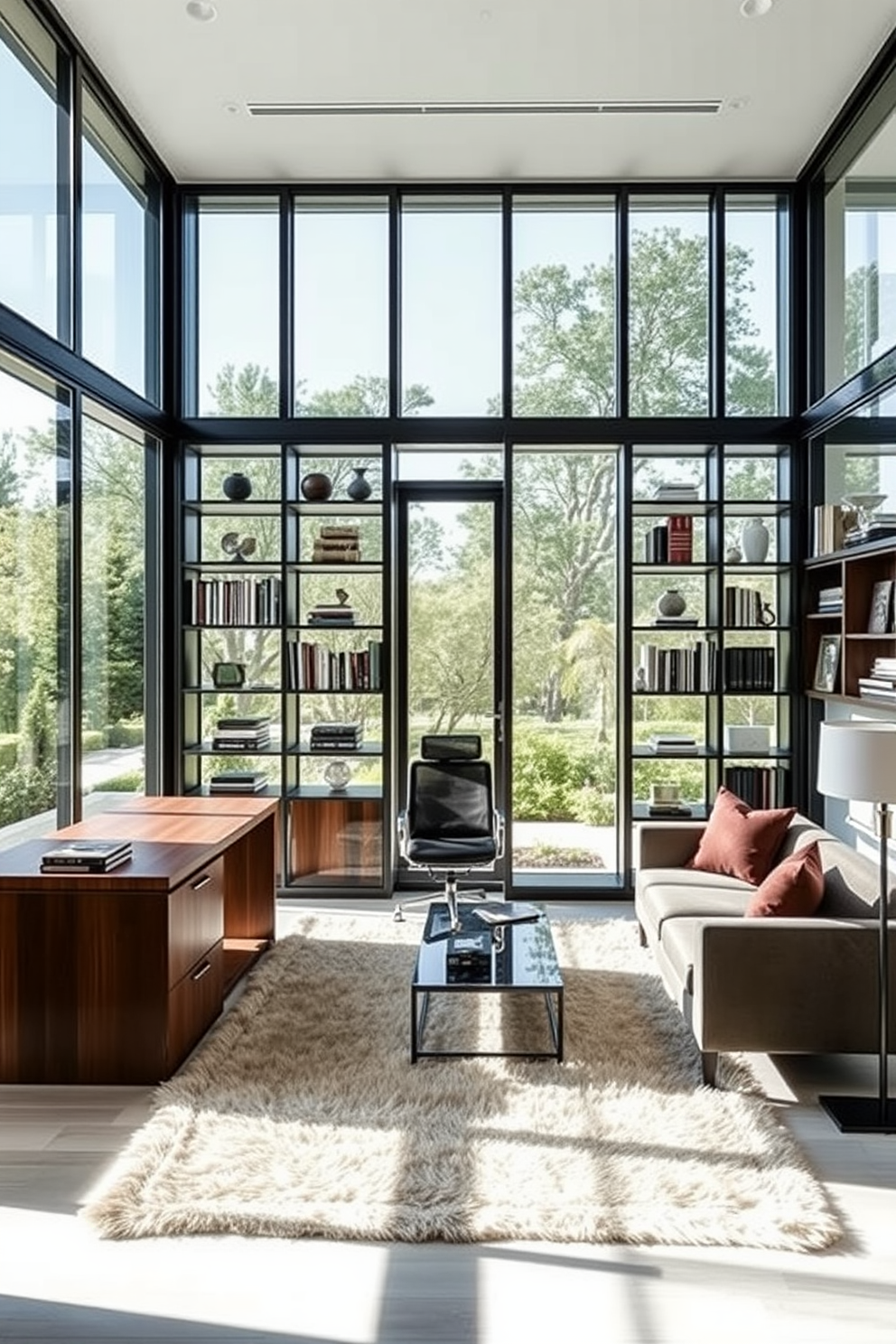 A luxury home office featuring glass partitions that create an open and airy atmosphere. The space is adorned with a sleek wooden desk and an ergonomic chair, complemented by stylish shelving units filled with books and decorative items. Natural light floods the room through large windows, enhancing the modern aesthetic. A plush area rug anchors the seating area, which includes a comfortable sofa and a coffee table for casual meetings.