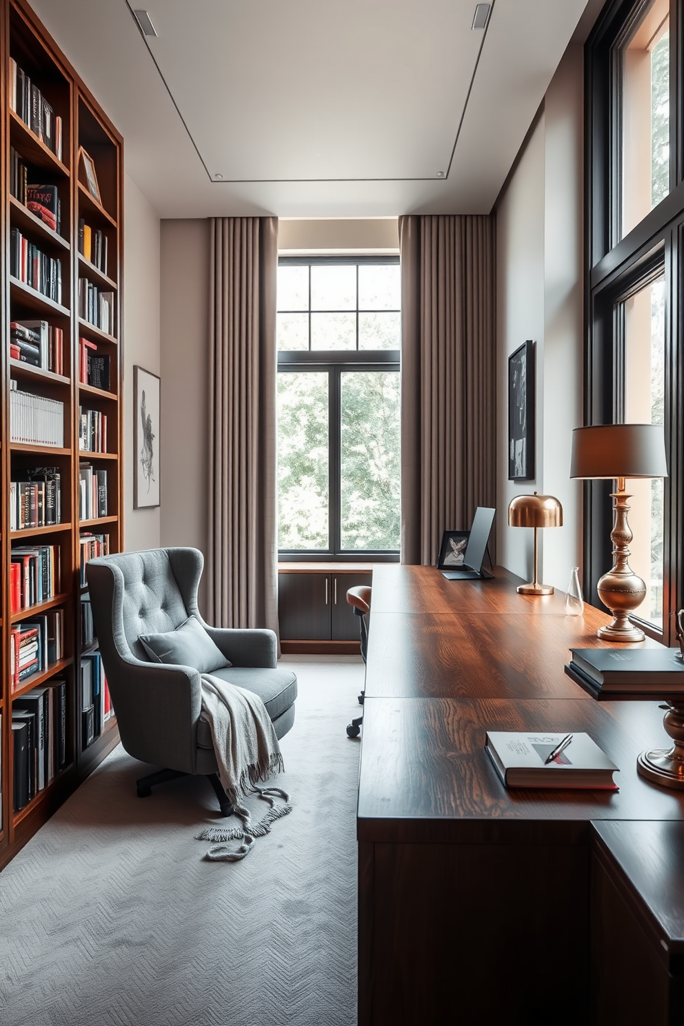 Cozy reading nook with armchair. A plush armchair is positioned next to a tall bookshelf filled with books, while a soft throw blanket drapes over one side. Luxury home office design ideas. The office features a sleek wooden desk facing a large window, with a stylish ergonomic chair and elegant decorative accents throughout the space.