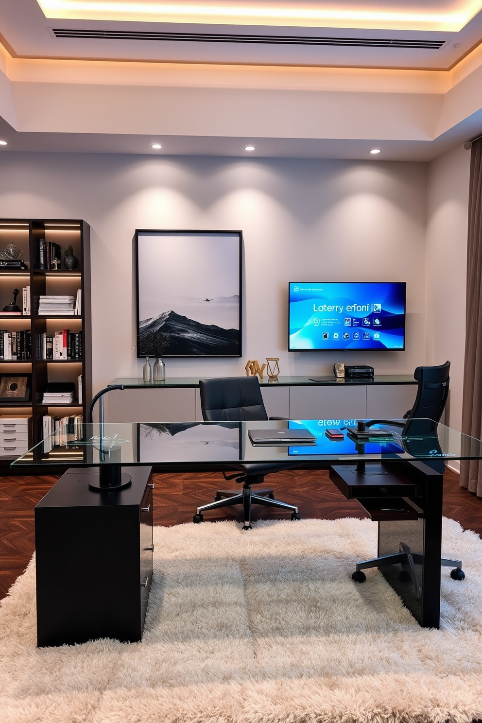 A luxury home office featuring a sleek glass desk with built-in smart technology. The space is equipped with ergonomic furniture, ambient lighting, and a high-resolution monitor displaying productivity apps. The walls are adorned with modern art, and a plush area rug adds warmth to the space. A stylish bookshelf filled with curated books and decorative items completes the sophisticated look.