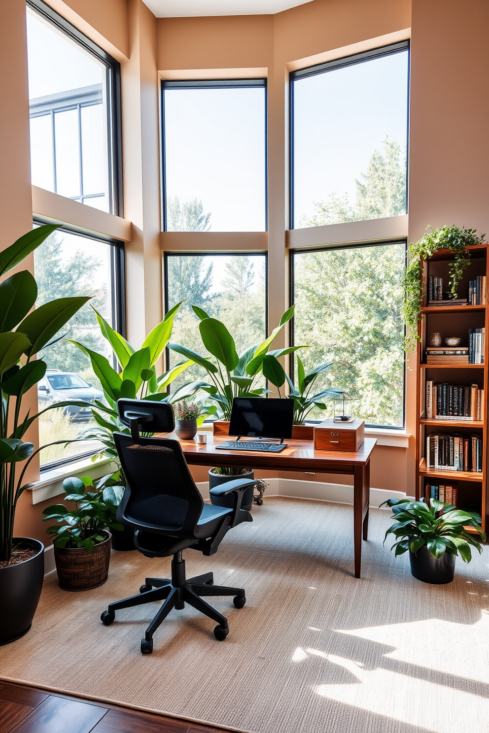 A luxury home office featuring large windows that allow natural light to flood the space. The room is adorned with lush indoor plants strategically placed around a sleek wooden desk, creating a serene and inviting atmosphere. The walls are painted in soft earth tones, complementing the greenery. A comfortable ergonomic chair sits at the desk, paired with stylish shelves filled with books and decorative items.