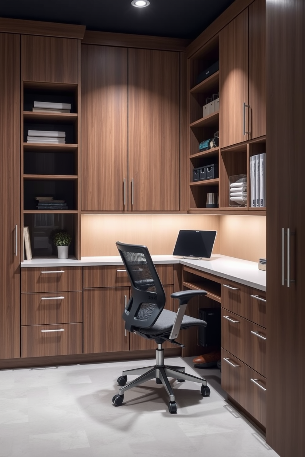 Custom cabinetry for an organized workspace. The cabinetry features sleek lines and a combination of open shelves and closed storage to keep the area tidy. The workspace includes a large desk with a comfortable ergonomic chair. Soft lighting illuminates the area, creating an inviting atmosphere for productivity.