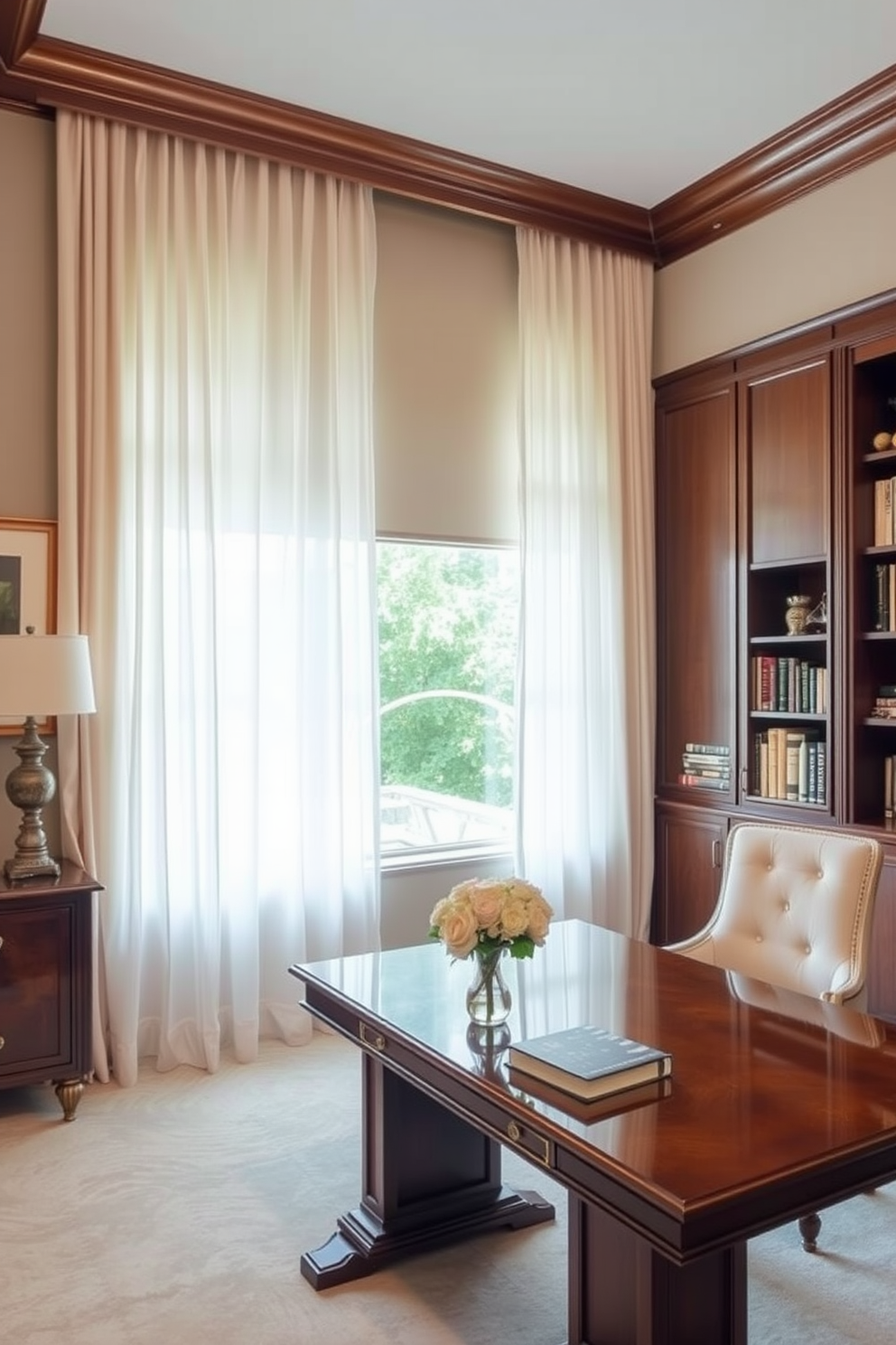 Elegant window treatments for privacy. Soft sheer curtains drape elegantly from a polished wooden rod, allowing diffused light to filter in while maintaining privacy. Luxury home office design ideas. A spacious desk made of rich mahogany sits against a wall adorned with built-in bookshelves, offering both functionality and sophistication.