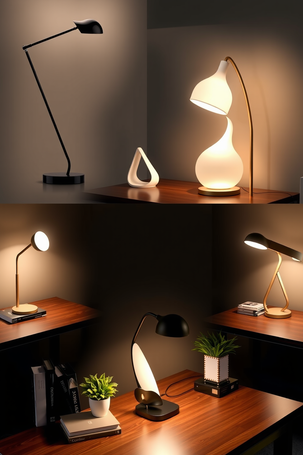 A collection of unique desk lamp designs that blend functionality with artistic flair. Each lamp features a distinct shape and material, enhancing the overall aesthetic of a luxury home office. The lamps are placed on sleek wooden desks, surrounded by elegant decor items such as books and plants. Soft lighting from the lamps creates a warm and inviting atmosphere, perfect for a productive workspace.