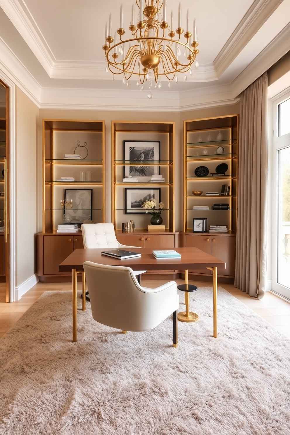 A chic luxury home office featuring elegant gold accents against a backdrop of soft neutral tones. The space includes a sleek wooden desk with a gold base, accompanied by a plush cream-colored chair and stylish shelves adorned with decorative items. Natural light floods the room through large windows, highlighting the warm beige walls and a plush area rug in muted tones. A statement chandelier with gold detailing hangs above, adding sophistication to the overall design.