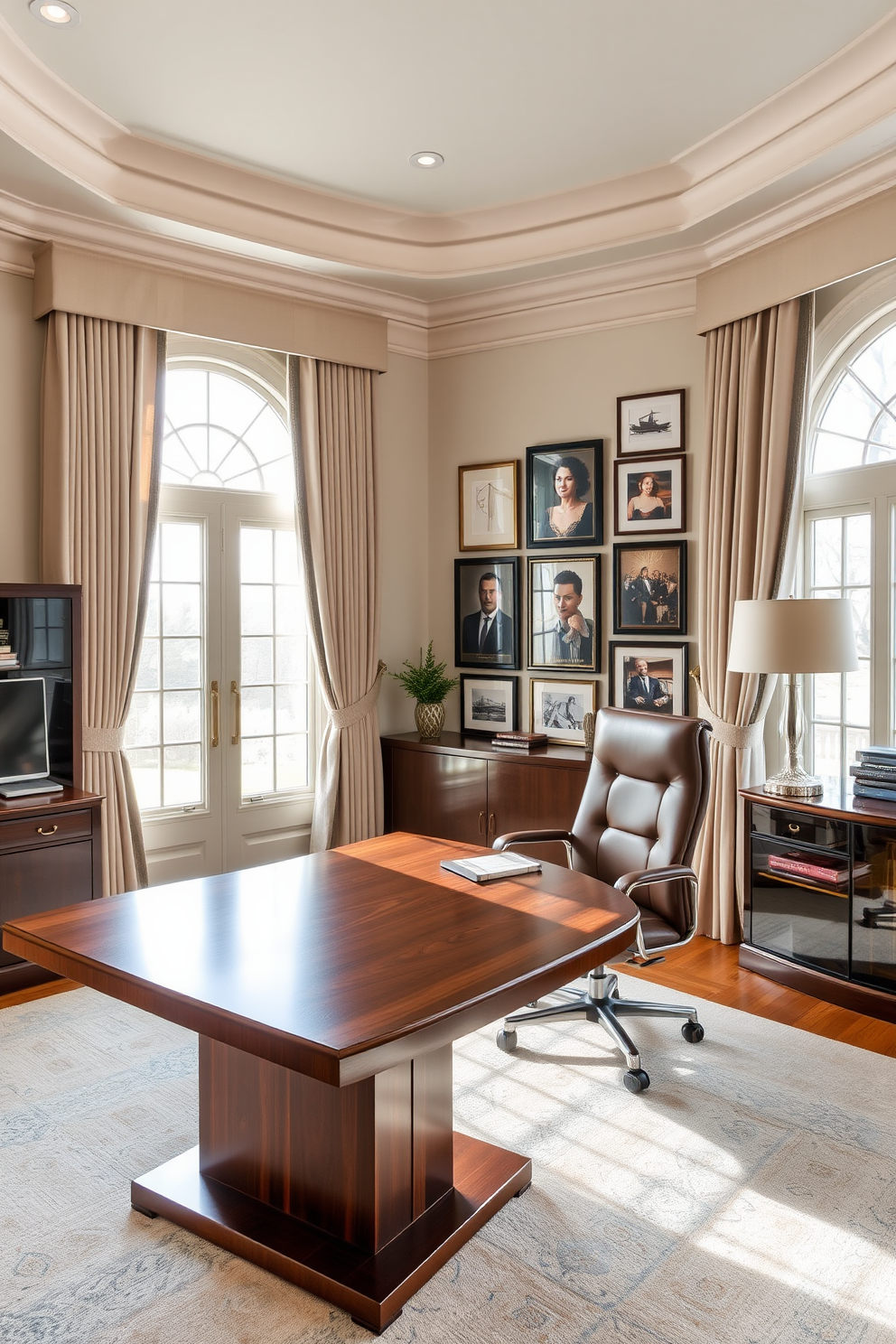 A luxury home office designed for productivity and aesthetics. The space features a large wooden desk with a sleek finish, complemented by an ergonomic chair upholstered in rich leather. Natural light floods the room through floor-to-ceiling windows adorned with elegant drapes. A gallery wall showcases personalized artwork, adding character and inspiration to the workspace.