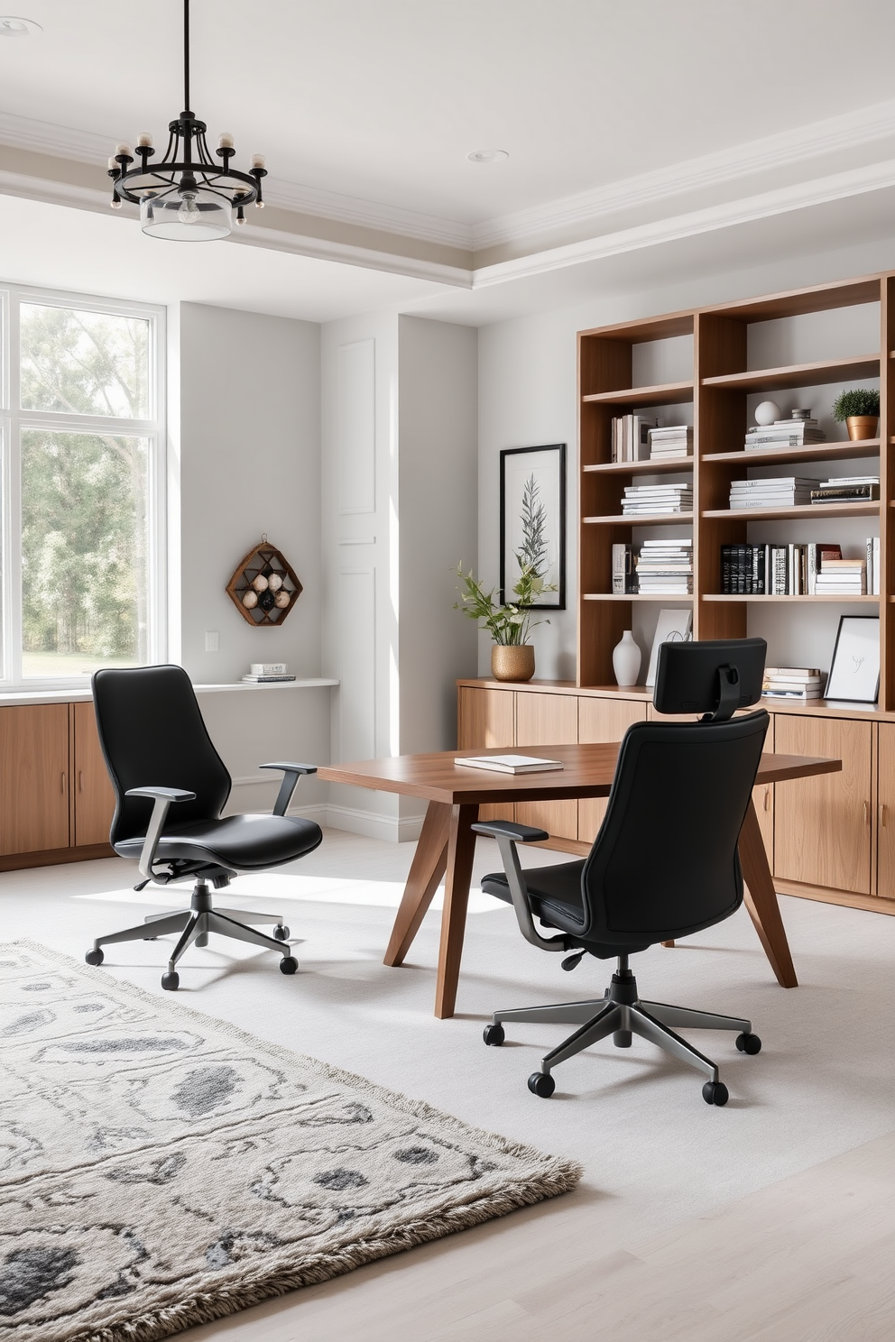 Sleek ergonomic chairs designed for maximum comfort are paired with a modern wooden desk in a spacious home office. The walls are painted in a calming light gray, and a large window allows natural light to flood the room, enhancing the tranquil atmosphere. The room features a stylish bookshelf filled with curated decor and books, creating an inviting yet professional environment. A plush area rug in muted tones anchors the space, while elegant lighting fixtures add a touch of sophistication to the overall design.