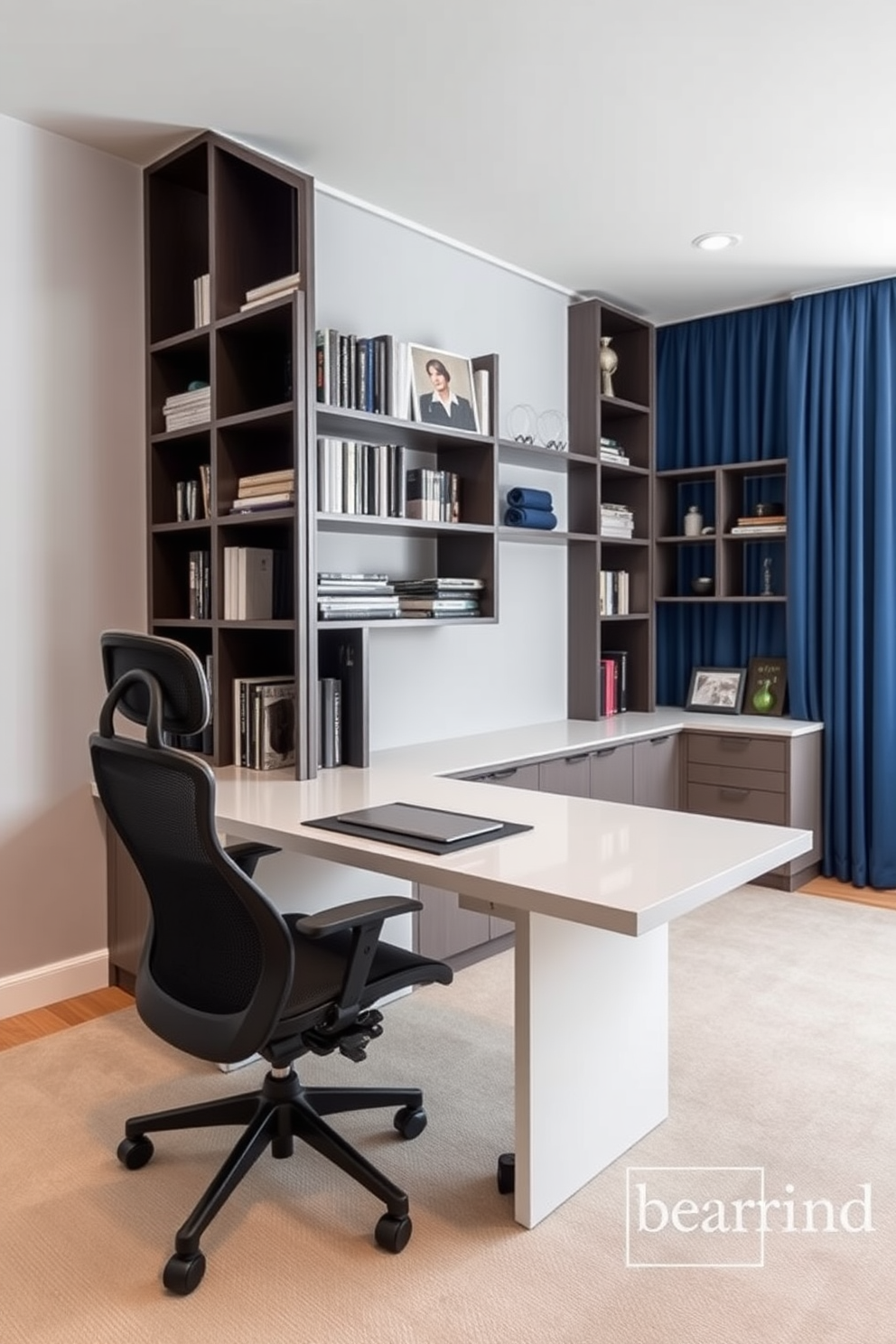 A sleek and modern home office featuring a stylish desk that doubles as a conference table. The room is filled with smart storage solutions, including a bookshelf that transforms into a folding desk. The color palette consists of calming neutrals with pops of deep blue accents. A comfortable ergonomic chair complements the sophisticated atmosphere while maintaining functionality.