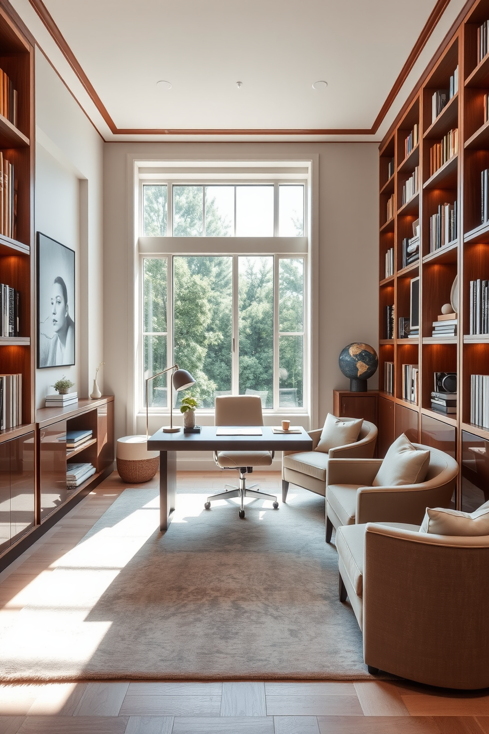 A luxury home office with soft color palettes creates a calming atmosphere. The walls are painted in a light pastel hue, complemented by elegant wooden shelving filled with books and decorative items. A sleek, modern desk sits in front of a large window, allowing natural light to flood the space. Plush seating in muted tones invites comfort, while a stylish area rug adds warmth to the room.