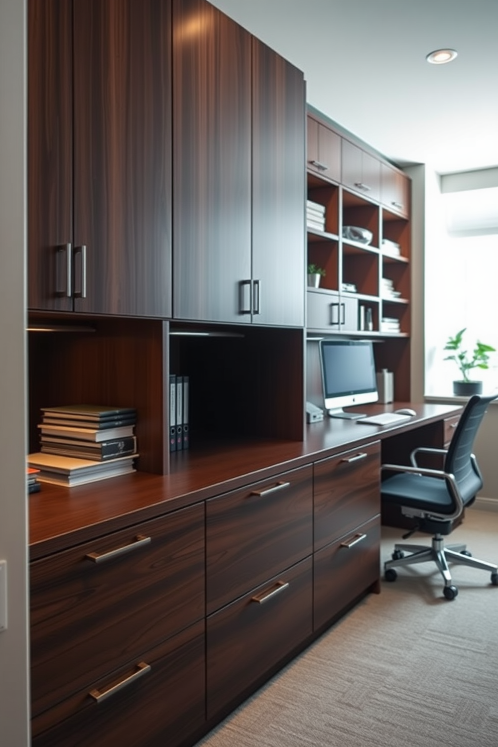 A stylish home office features sleek file cabinets that blend functionality with modern aesthetics. The cabinets are finished in a deep walnut wood, providing ample storage while maintaining an elegant look. The office is adorned with a minimalist desk that complements the cabinetry. Soft lighting illuminates the space, creating a warm and inviting atmosphere ideal for productivity.