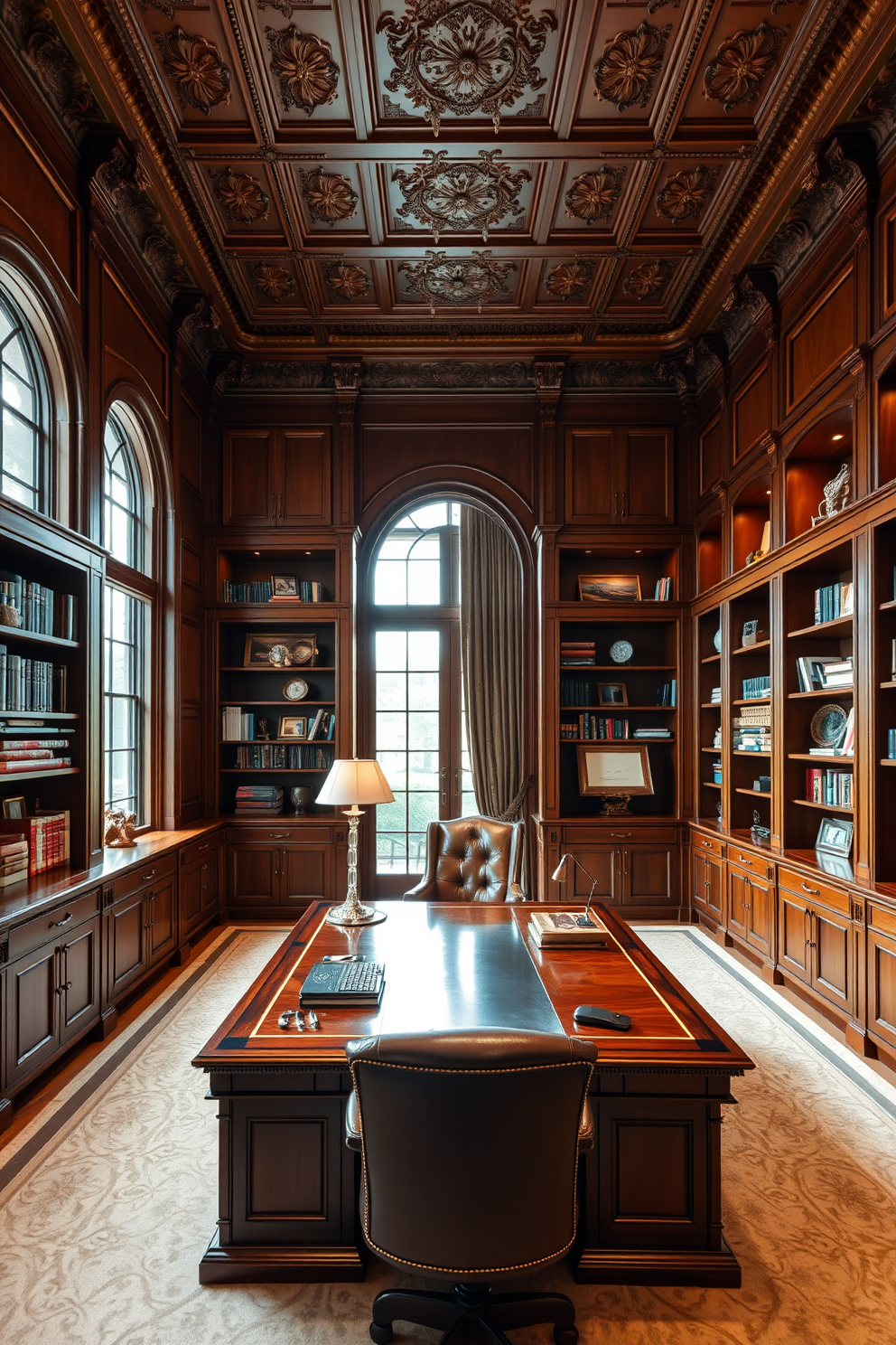 A luxury home office with high ceilings adorned with intricate decorative molding. Elegant wooden bookshelves line the walls, filled with books and decorative items, while a large, polished desk sits at the center, complemented by a plush leather chair.