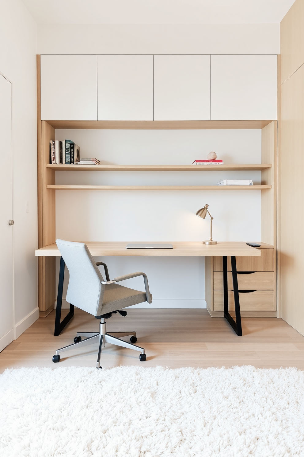 A minimalist home office featuring sleek lines and a neutral color palette. The workspace includes a large, simple desk made of light wood, paired with an ergonomic chair in soft gray upholstery. On the wall behind the desk, there is a built-in shelving unit that displays a few carefully curated books and decorative items. The floor is covered with a plush, light-colored area rug that adds warmth to the space.