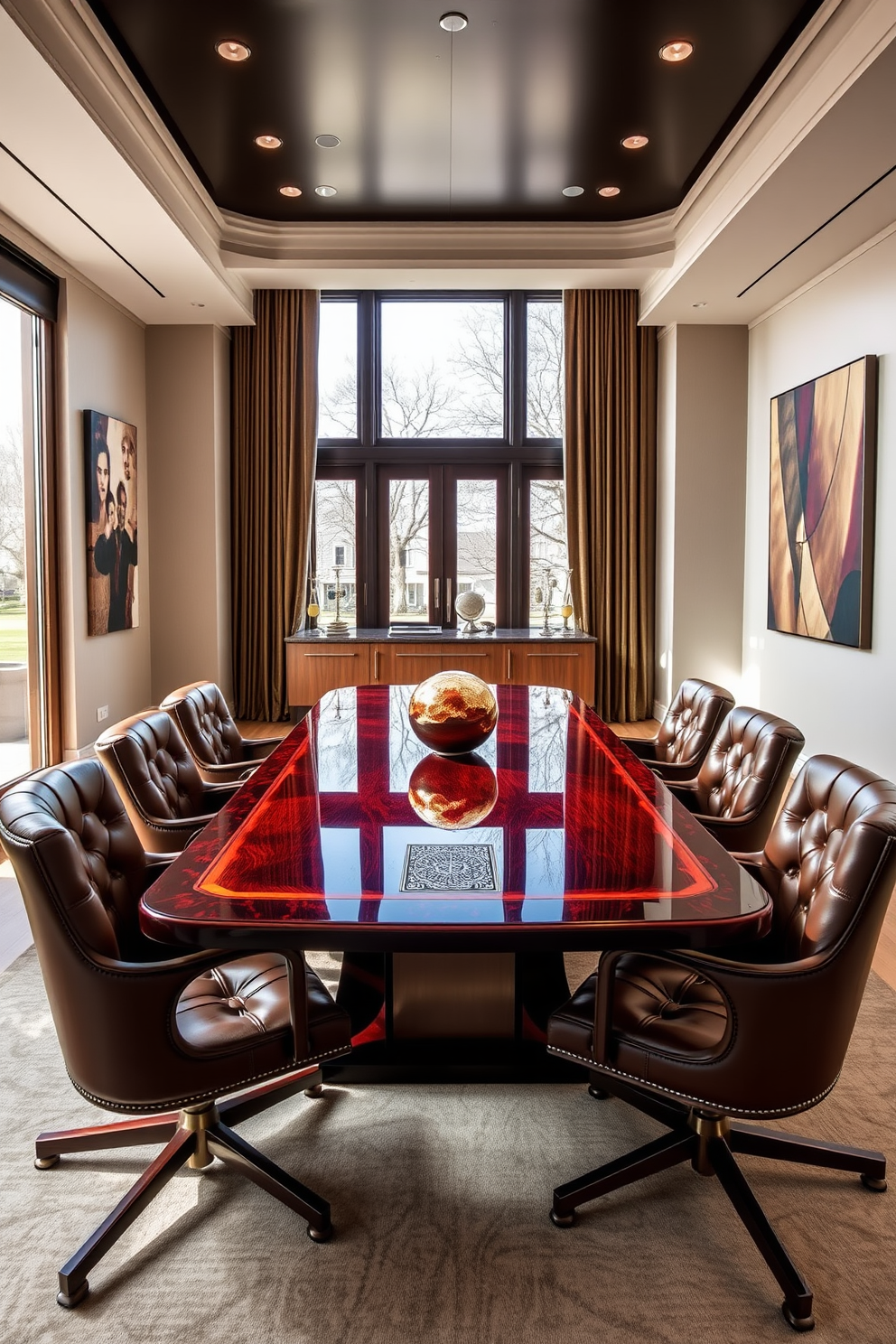 An elegant conference table is the centerpiece of a luxurious home office. The table is made of rich mahogany with a glossy finish, surrounded by plush leather chairs that offer both comfort and style. The walls are adorned with modern art pieces that inspire creativity and focus. A large window allows natural light to flood the room, enhancing the sophisticated atmosphere of the space.