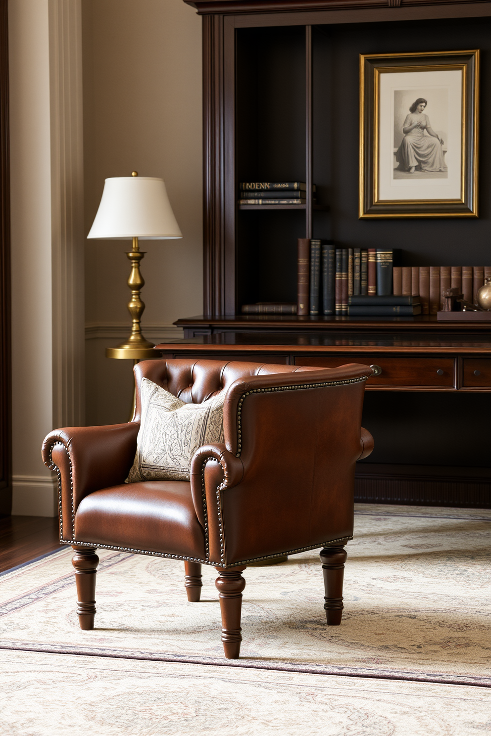 Vintage leather chairs for classic appeal. The rich brown leather upholstery exudes warmth and sophistication, complemented by polished wooden legs. Luxury home office design ideas. A spacious desk made of dark mahogany is paired with an elegant brass lamp, creating a perfect blend of functionality and style.