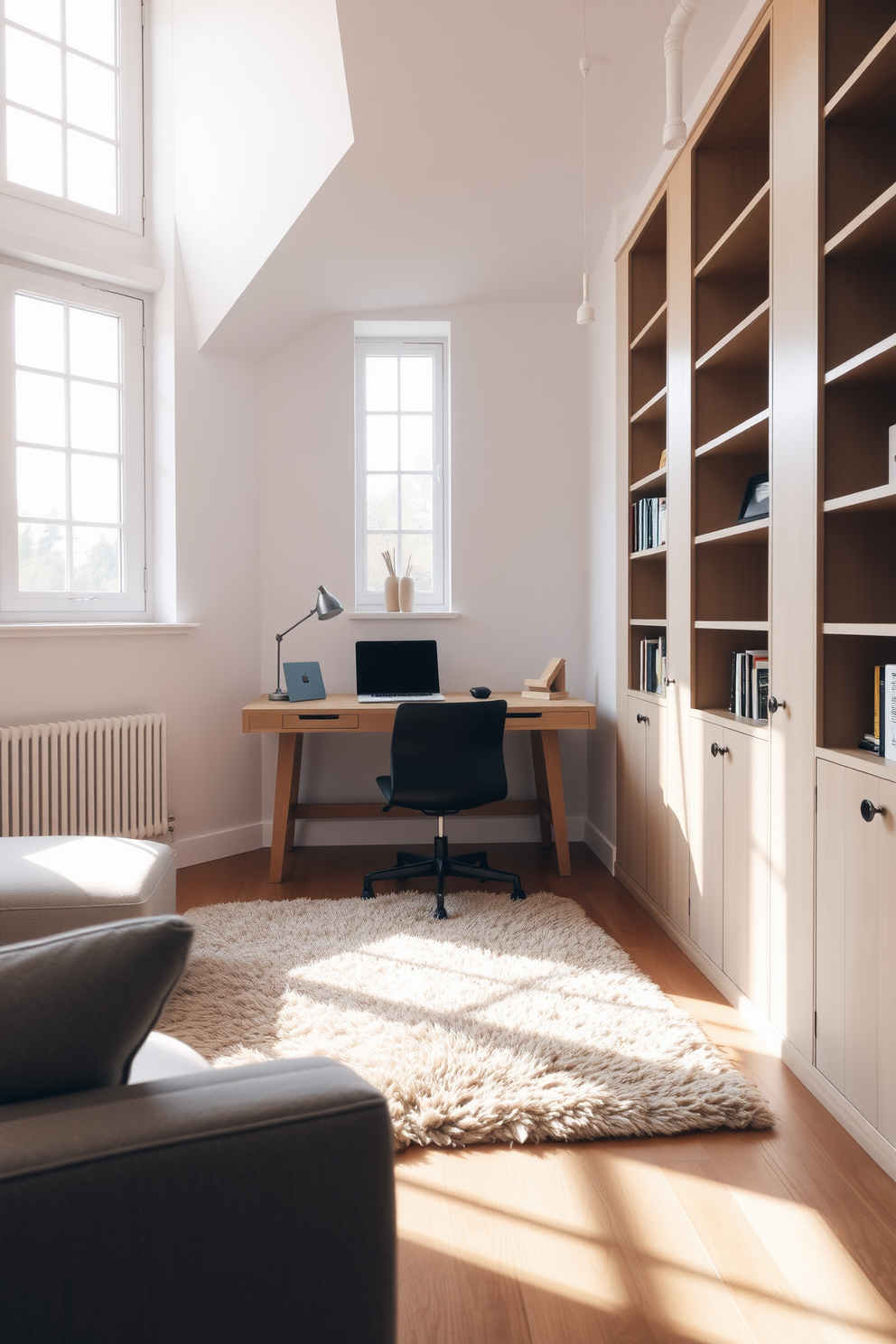 Bright airy space with large windows. The room features a sleek wooden desk positioned to take advantage of the natural light. Soft neutral tones dominate the walls and furnishings, creating a calming atmosphere. A plush area rug adds warmth underfoot, while stylish bookshelves line one wall.