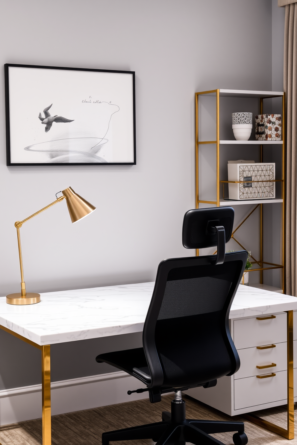 A sophisticated home office features a sleek marble desk with elegant gold accents and a comfortable ergonomic chair. The space is adorned with stylish accessories including a decorative desk lamp and a minimalist organizer, all set against a backdrop of soft gray walls.