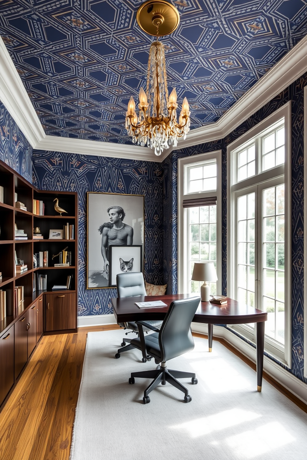 A luxury home office featuring bold wallpaper with geometric patterns. The room is adorned with a sleek desk made of dark wood and a plush ergonomic chair, complemented by a statement chandelier hanging from the ceiling. Large windows allow natural light to flood the space, highlighting the vibrant colors of the wallpaper. A stylish bookshelf filled with curated decor and books lines one wall, creating an inviting atmosphere for productivity.