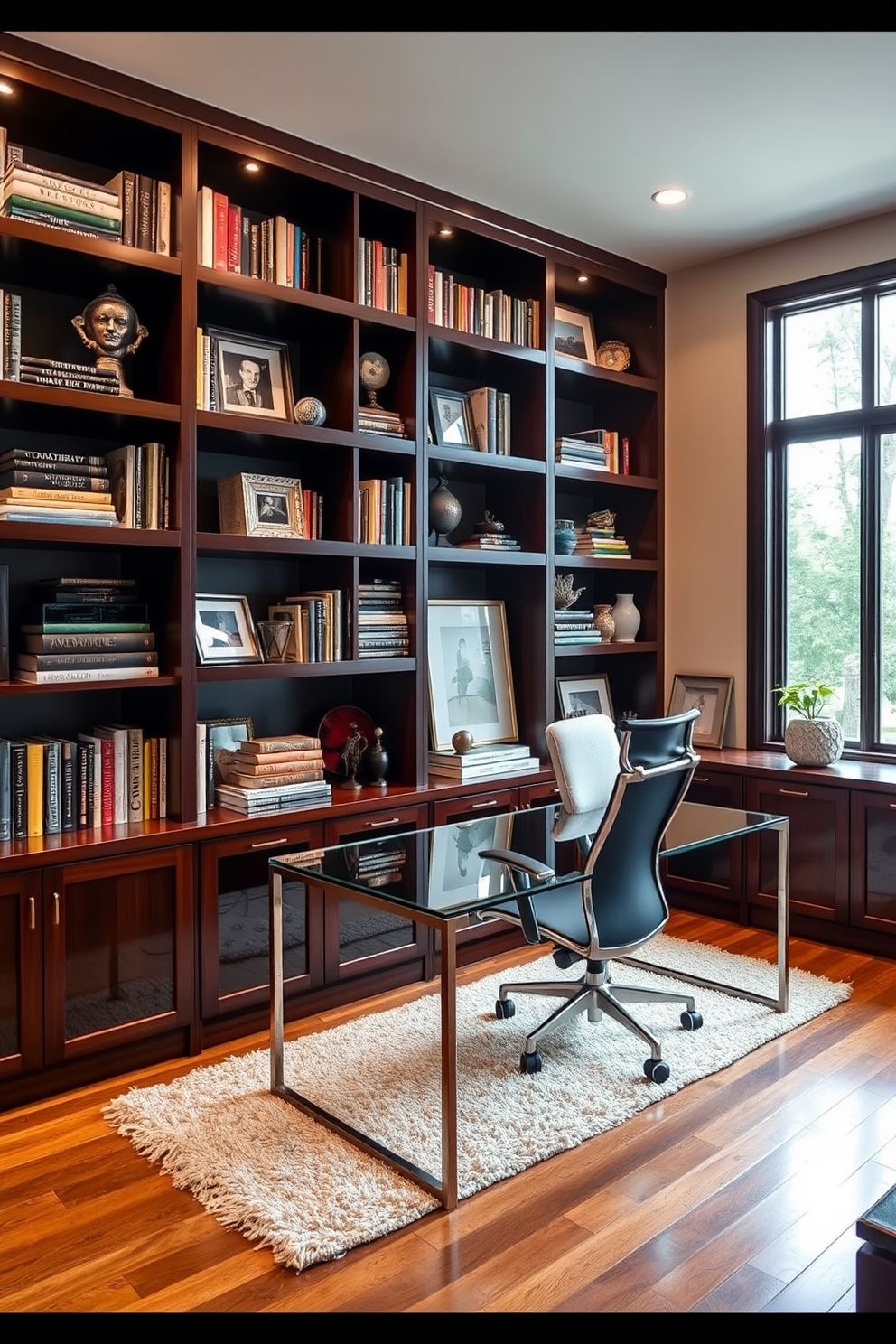 A stylish built-in bookshelf spans one wall of the home office, crafted from dark wood with a glossy finish. The shelves are filled with an array of books, decorative objects, and framed photographs, creating an inviting and organized space. The office features a sleek, modern desk made of glass and metal, positioned to face a large window that allows natural light to flood the room. A comfortable ergonomic chair complements the desk, and a plush area rug adds warmth to the hardwood floor.