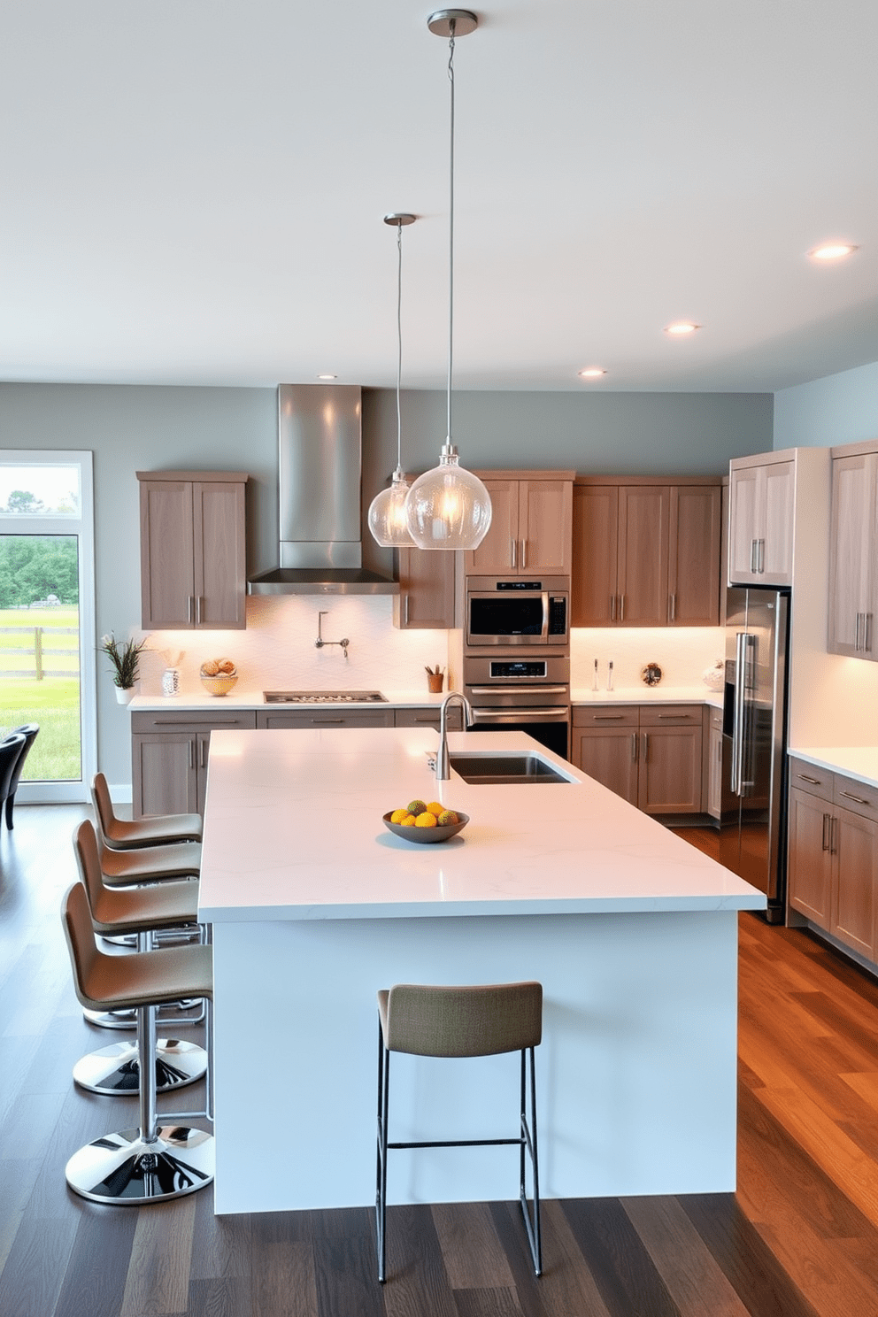 An open concept kitchen featuring a large central island that serves as both a cooking and dining area. The island is topped with a sleek quartz surface, surrounded by stylish bar stools that invite casual gatherings. The kitchen boasts high-end stainless steel appliances seamlessly integrated into custom cabinetry. Soft pendant lighting hangs above the island, creating a warm and inviting atmosphere in the space.