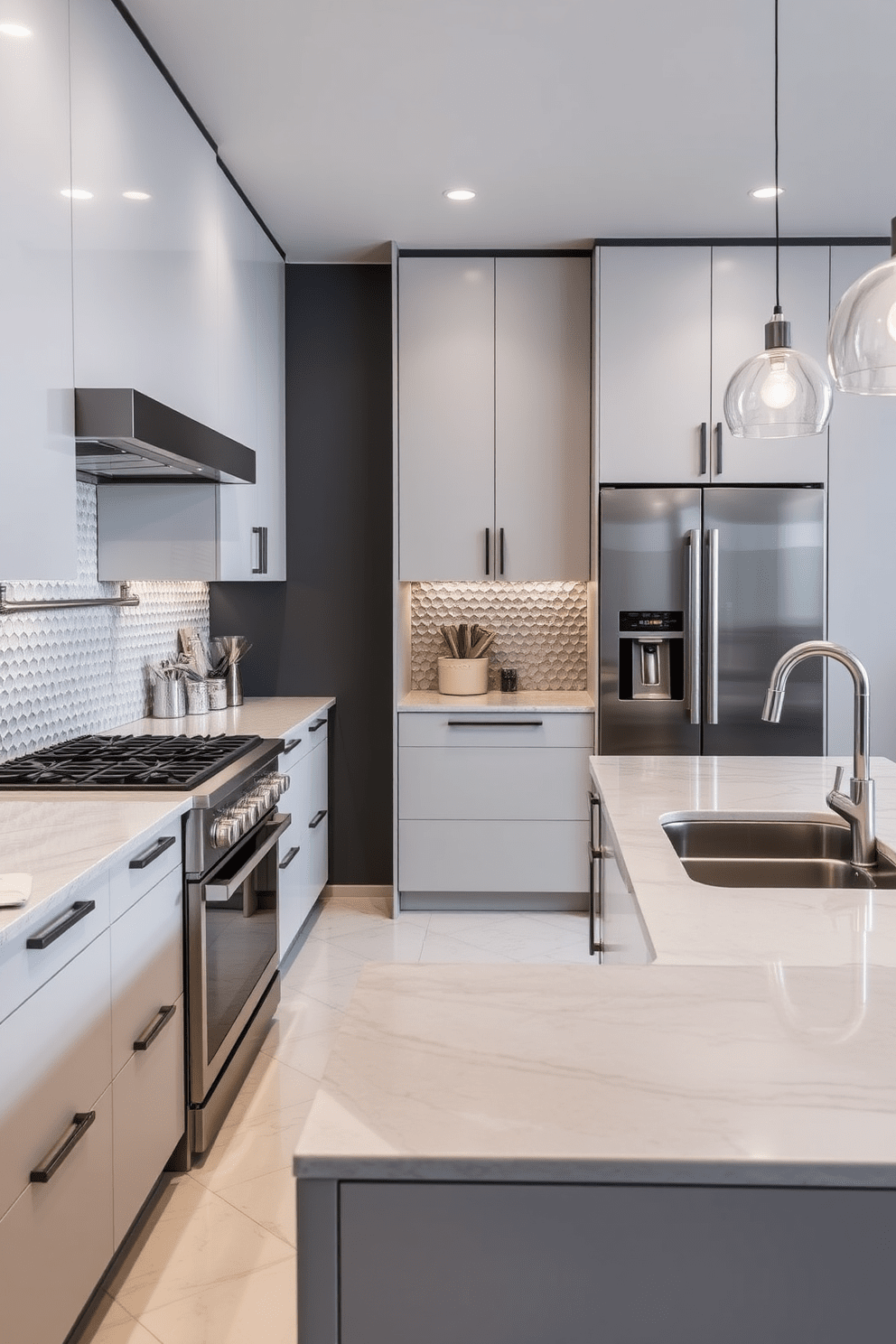 A luxury kitchen featuring a textured backsplash that adds depth and visual interest. The cabinetry is sleek and modern, complemented by high-end appliances and a spacious island perfect for entertaining.